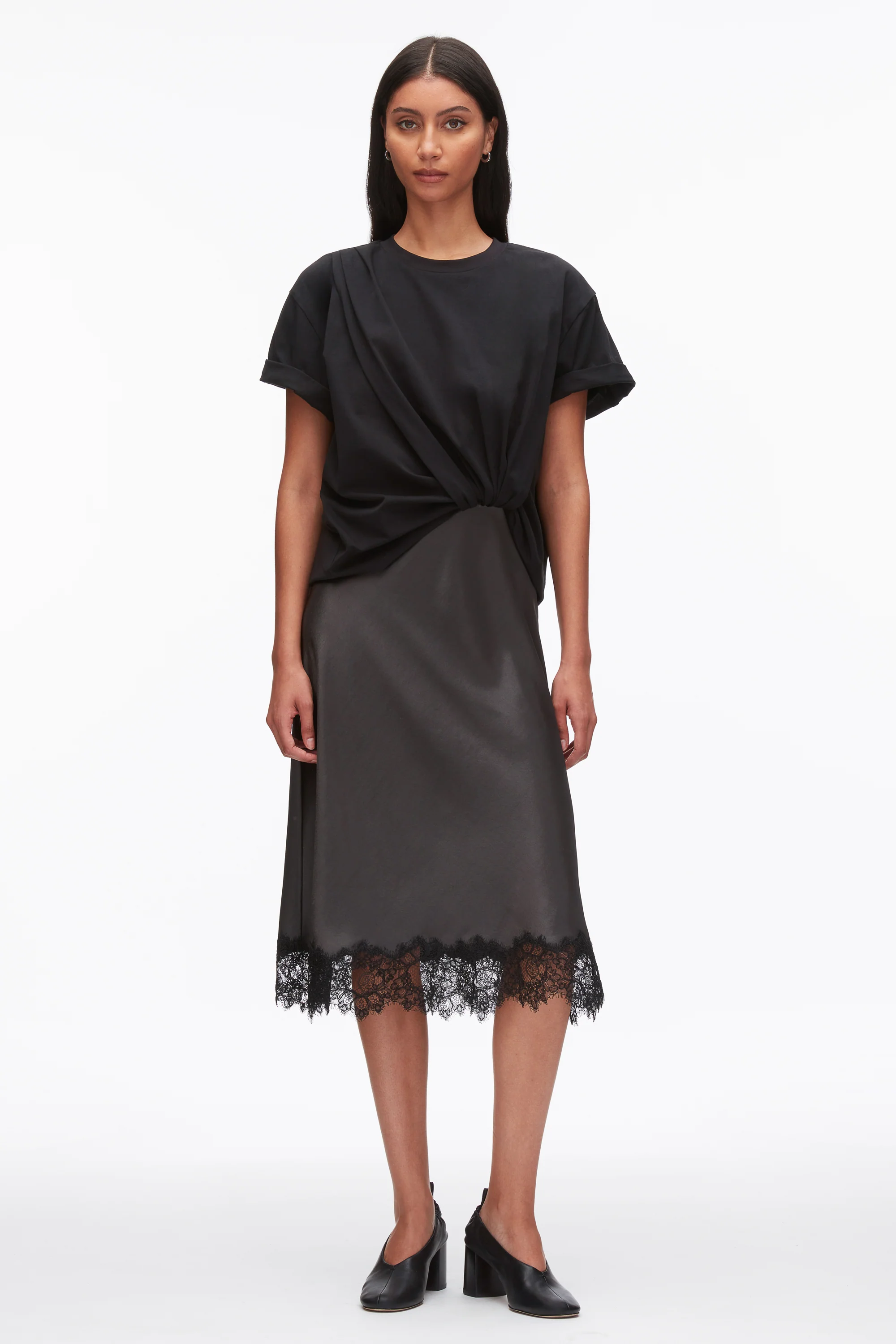 Draped Combo T-Shirt Dress with Lace Trim