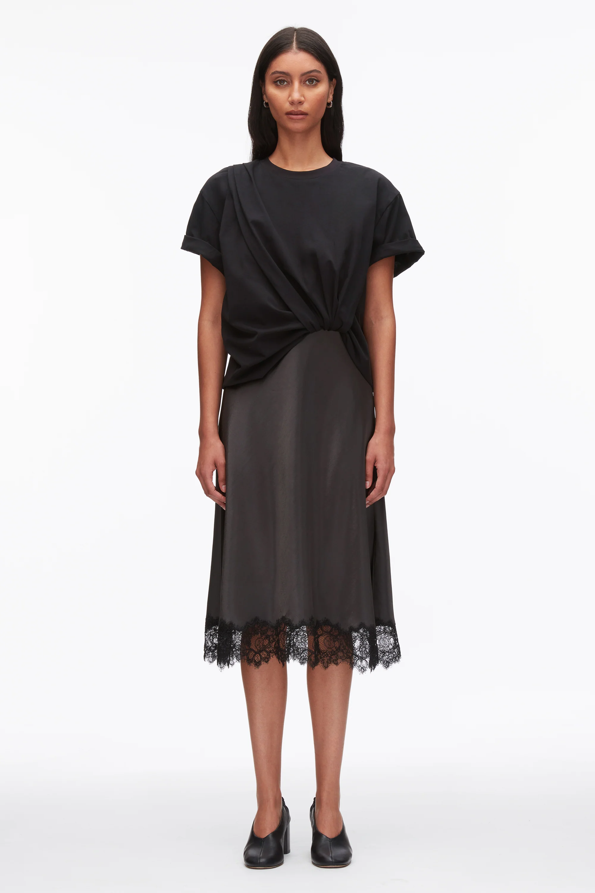 Draped Combo T-Shirt Dress with Lace Trim - Image 2