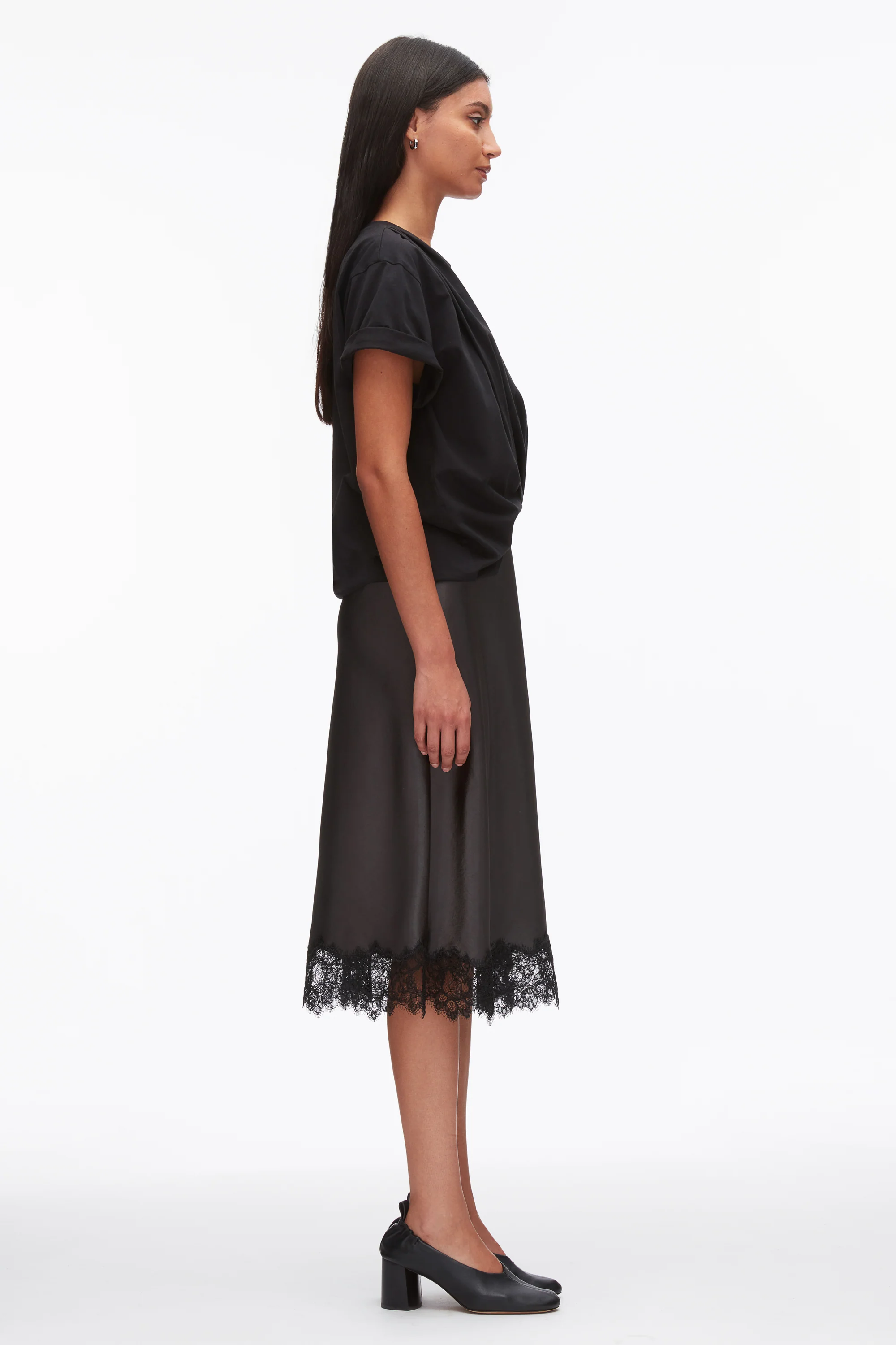 Draped Combo T-Shirt Dress with Lace Trim - Image 3