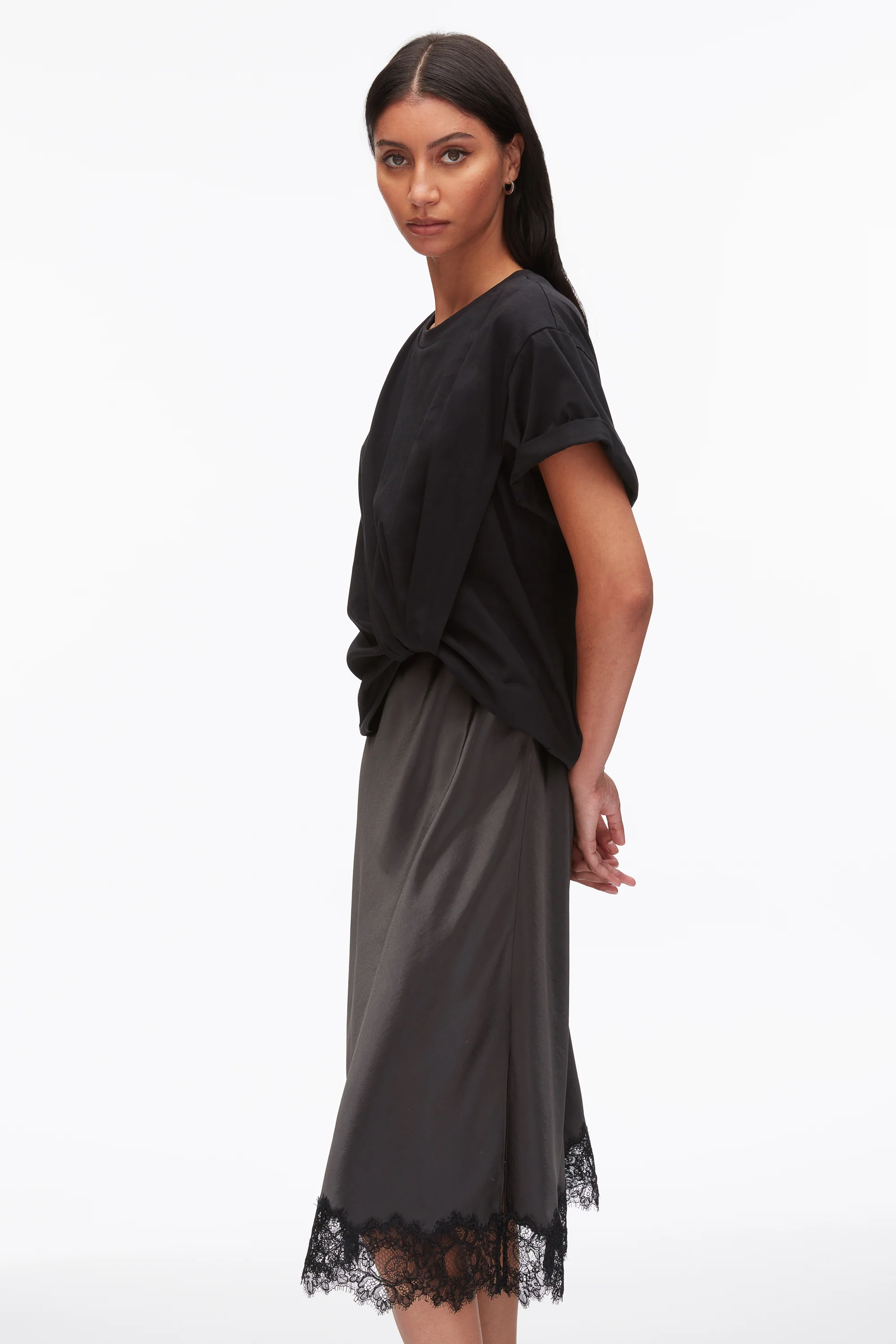 Draped Combo T-Shirt Dress with Lace Trim - Image 5