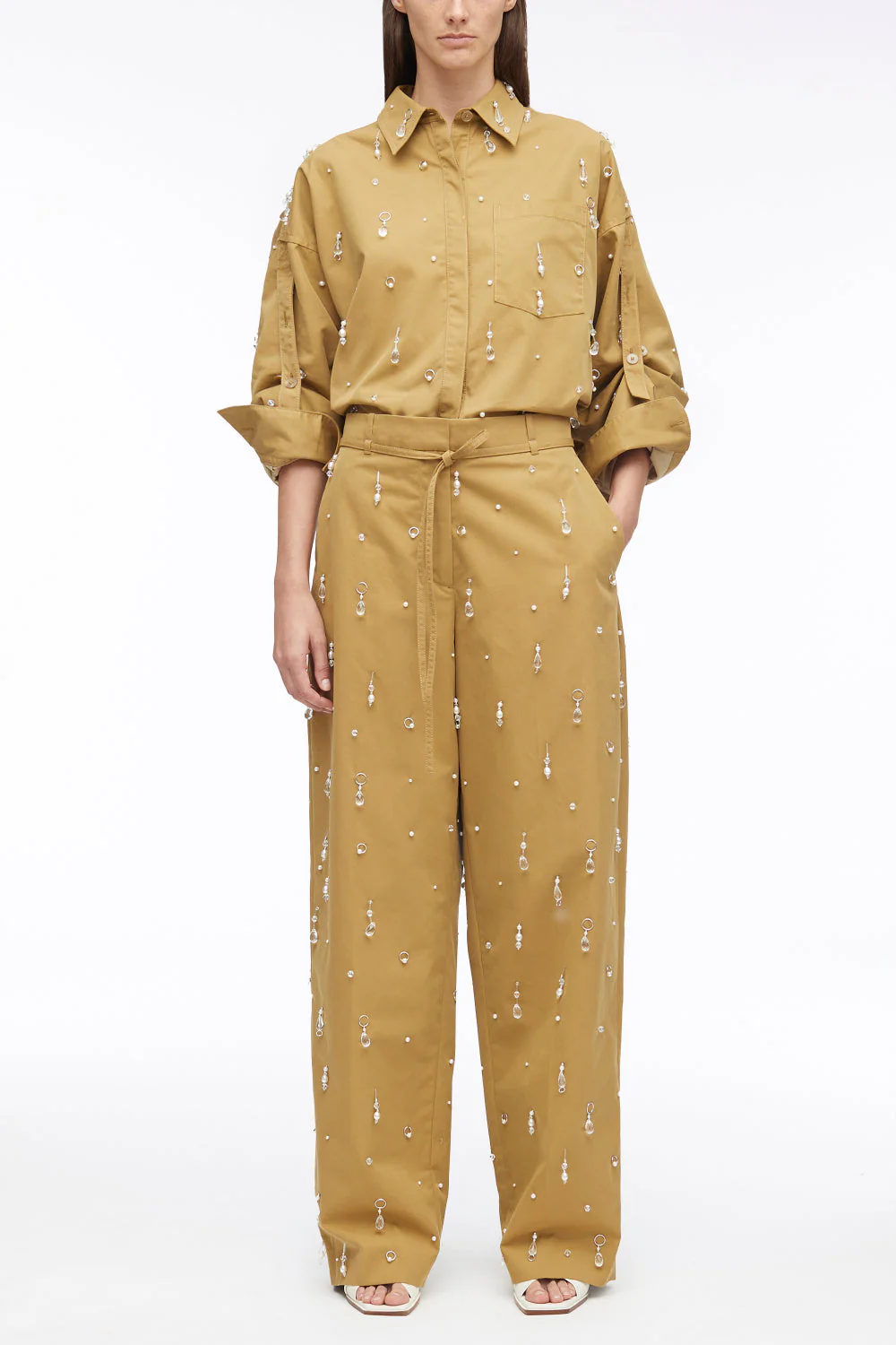 Embellished Wide-Leg Chino Trousers