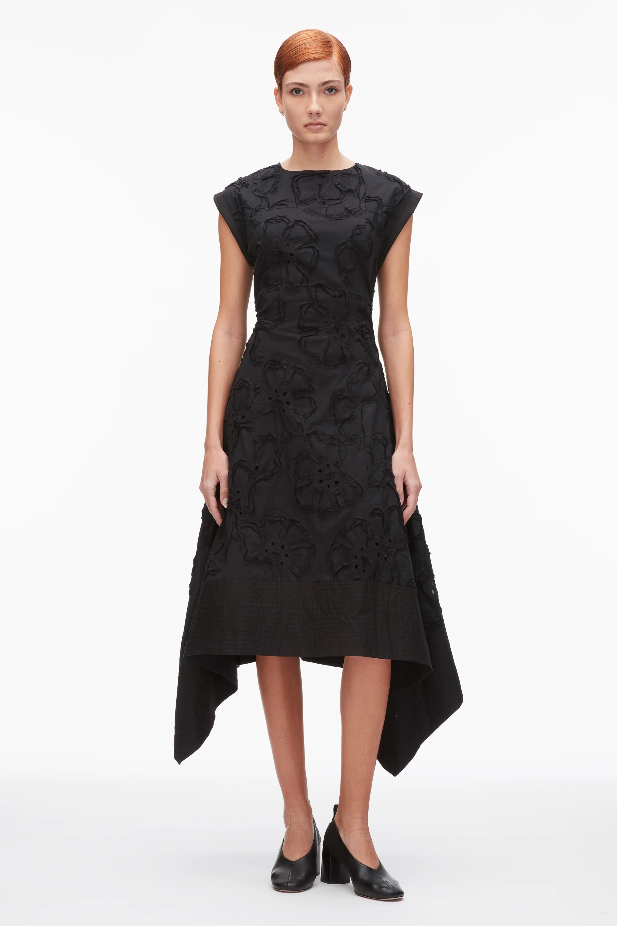 Embroidered Belted Midi Dress with Handkerchief Hem