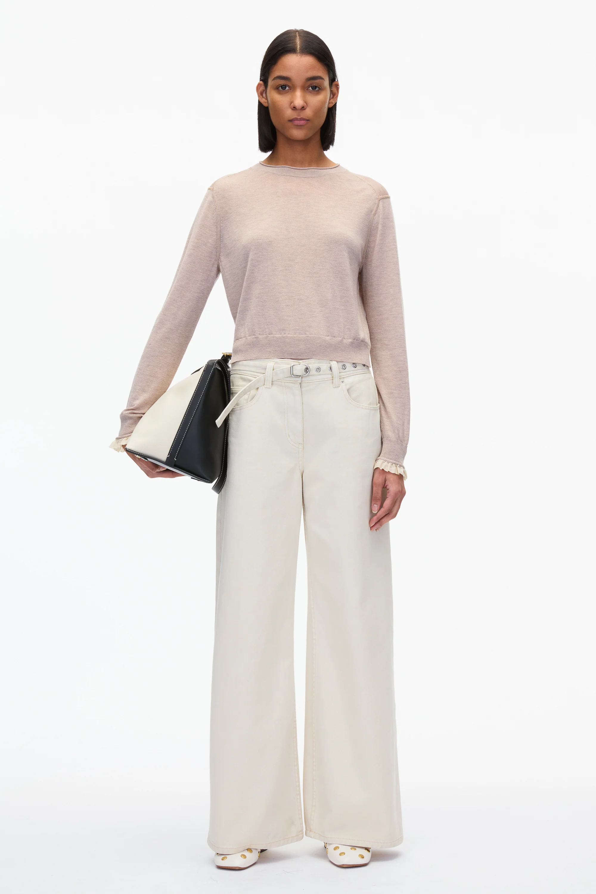 Layered Wool Silk Crew Sweater with Chiffon Cuff