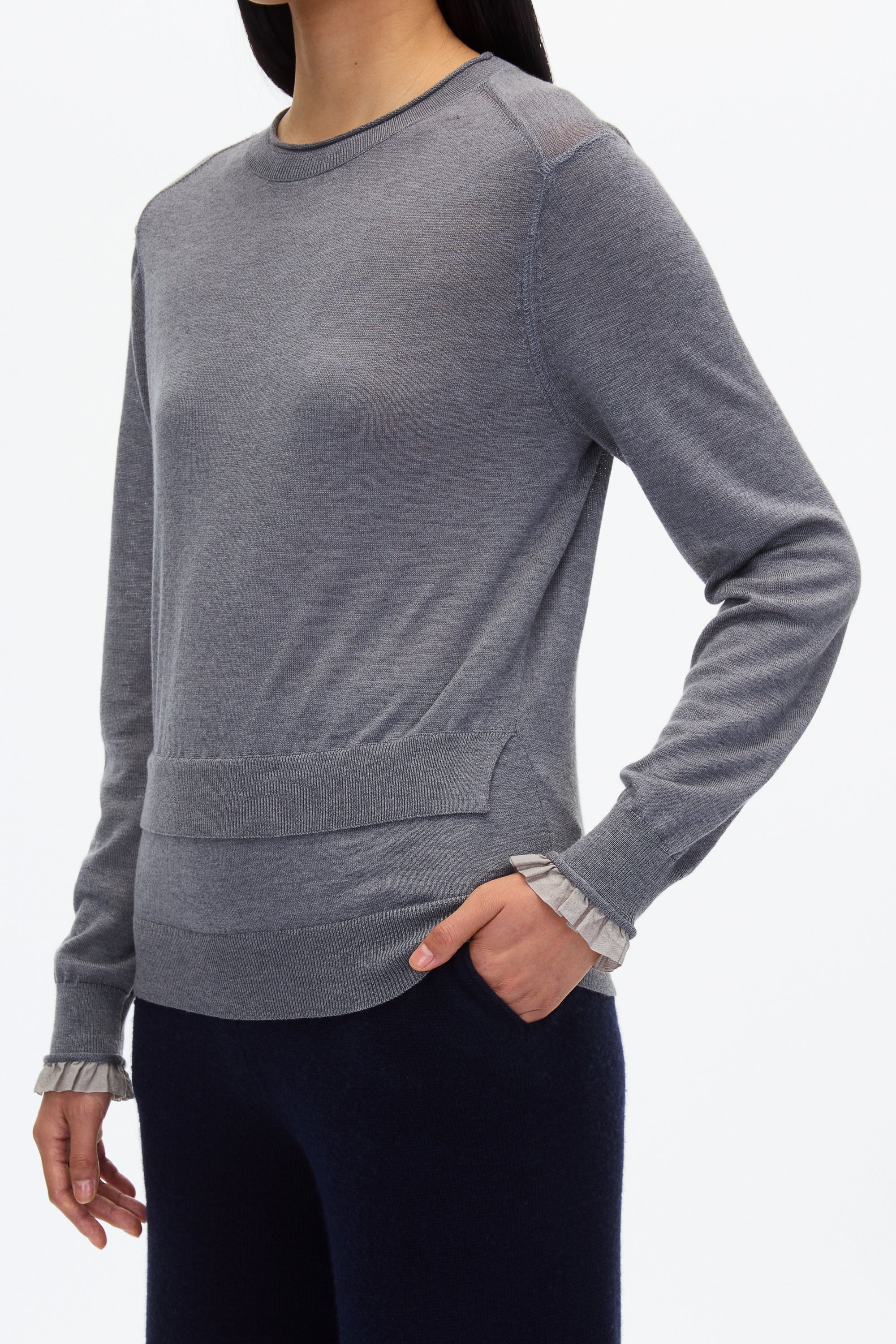 Layered Wool Silk Crew Sweater with Chiffon Cuff - Image 10