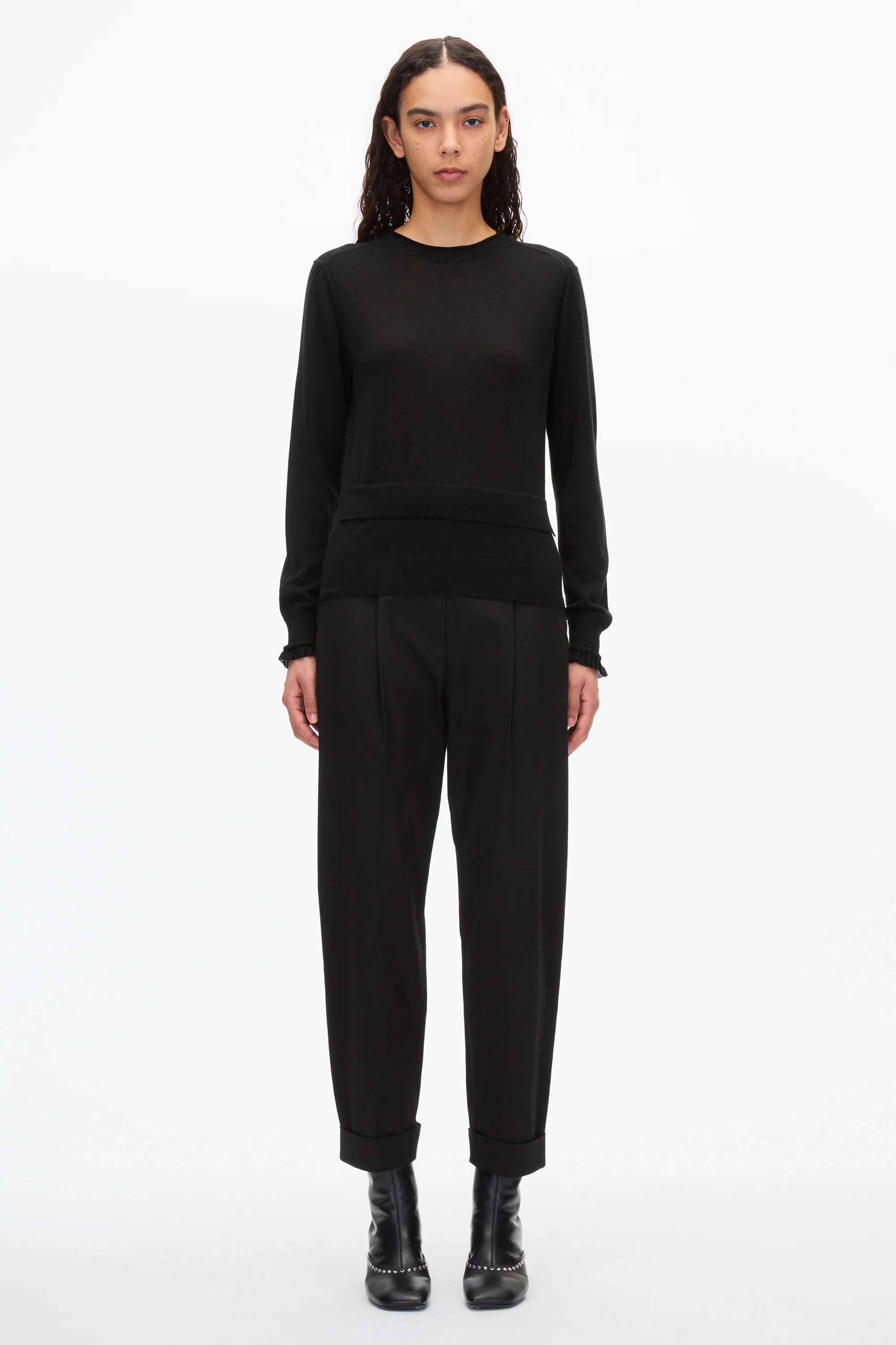 Layered Wool Silk Crew Sweater with Chiffon Cuff - Image 11