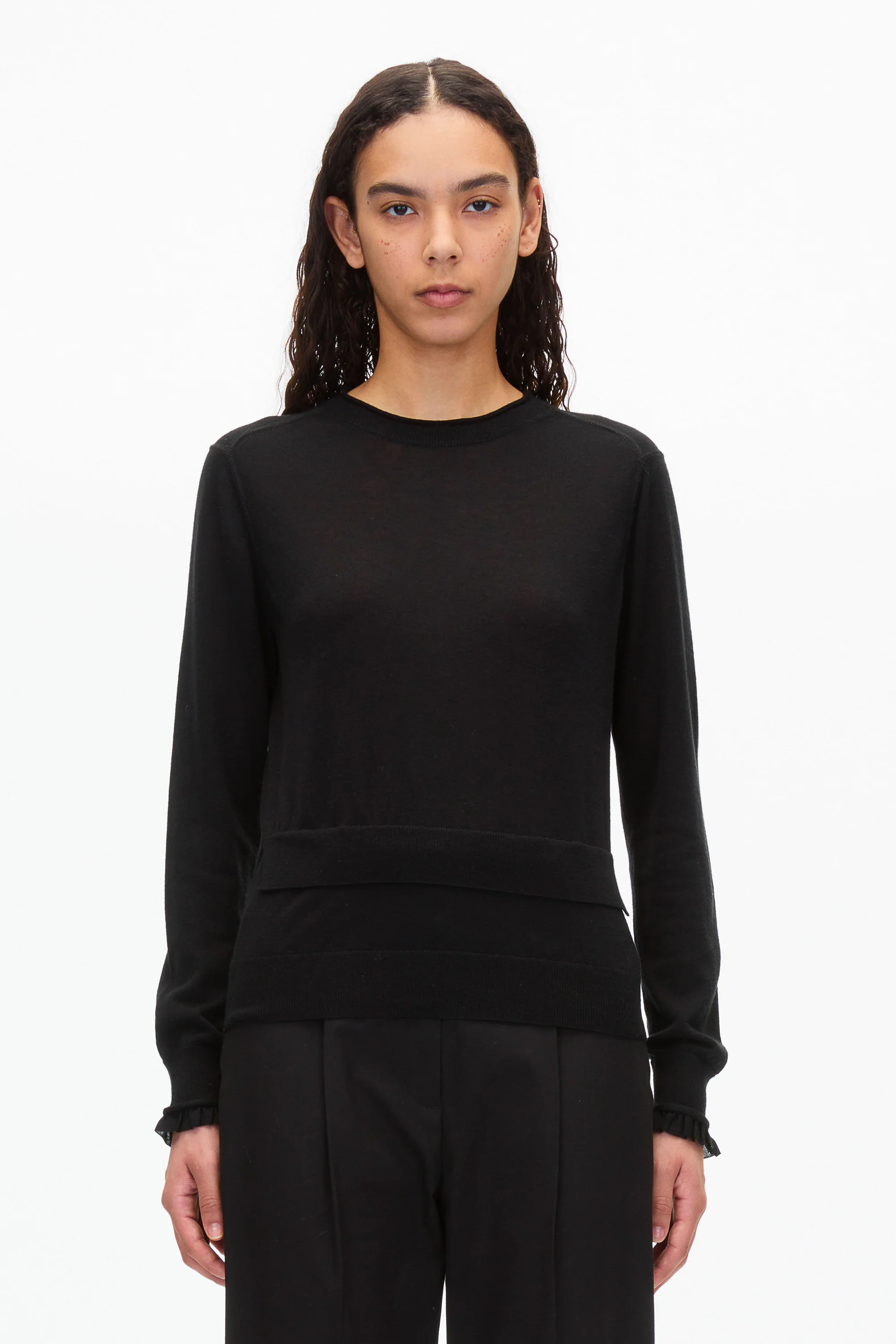 Layered Wool Silk Crew Sweater with Chiffon Cuff - Image 12