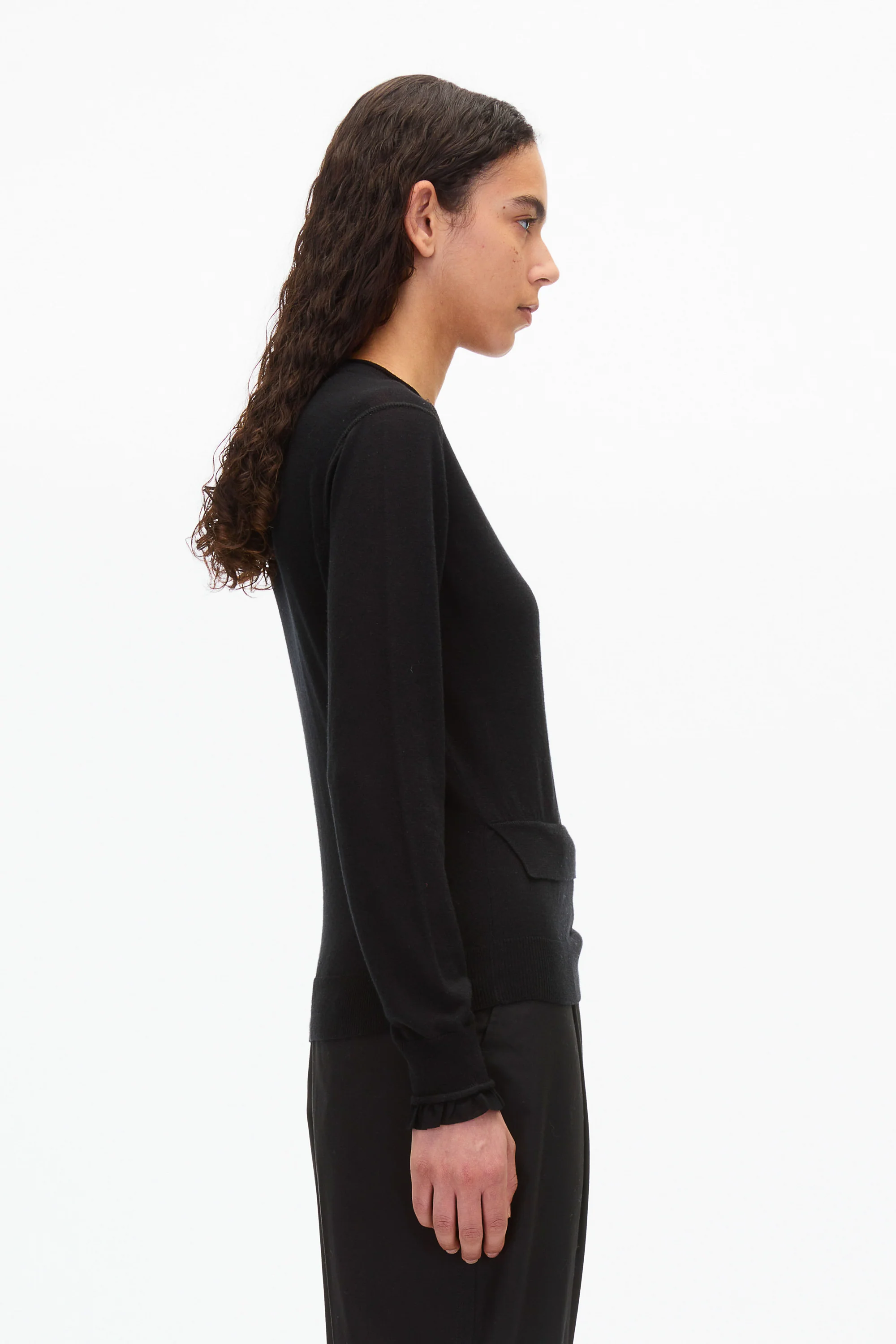 Layered Wool Silk Crew Sweater with Chiffon Cuff - Image 13