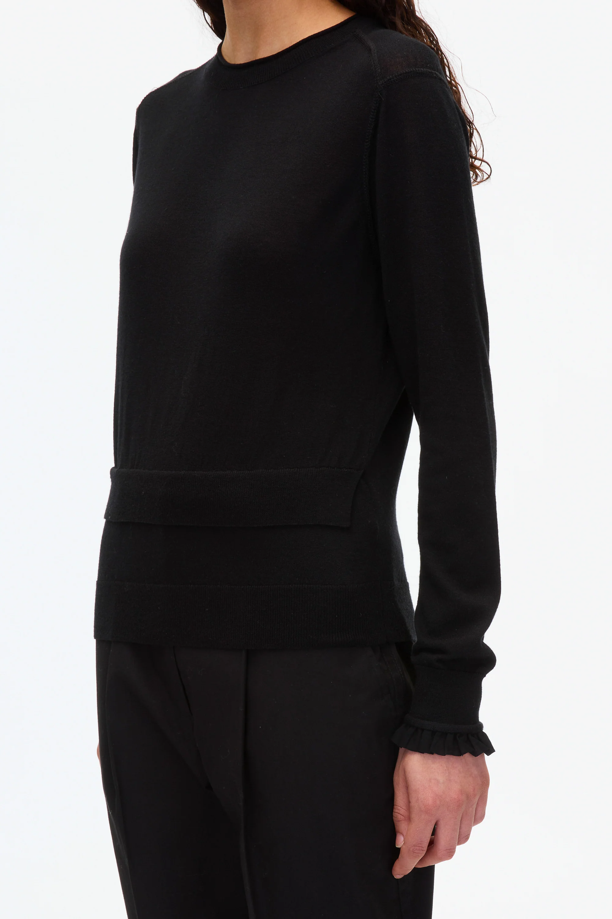 Layered Wool Silk Crew Sweater with Chiffon Cuff - Image 15