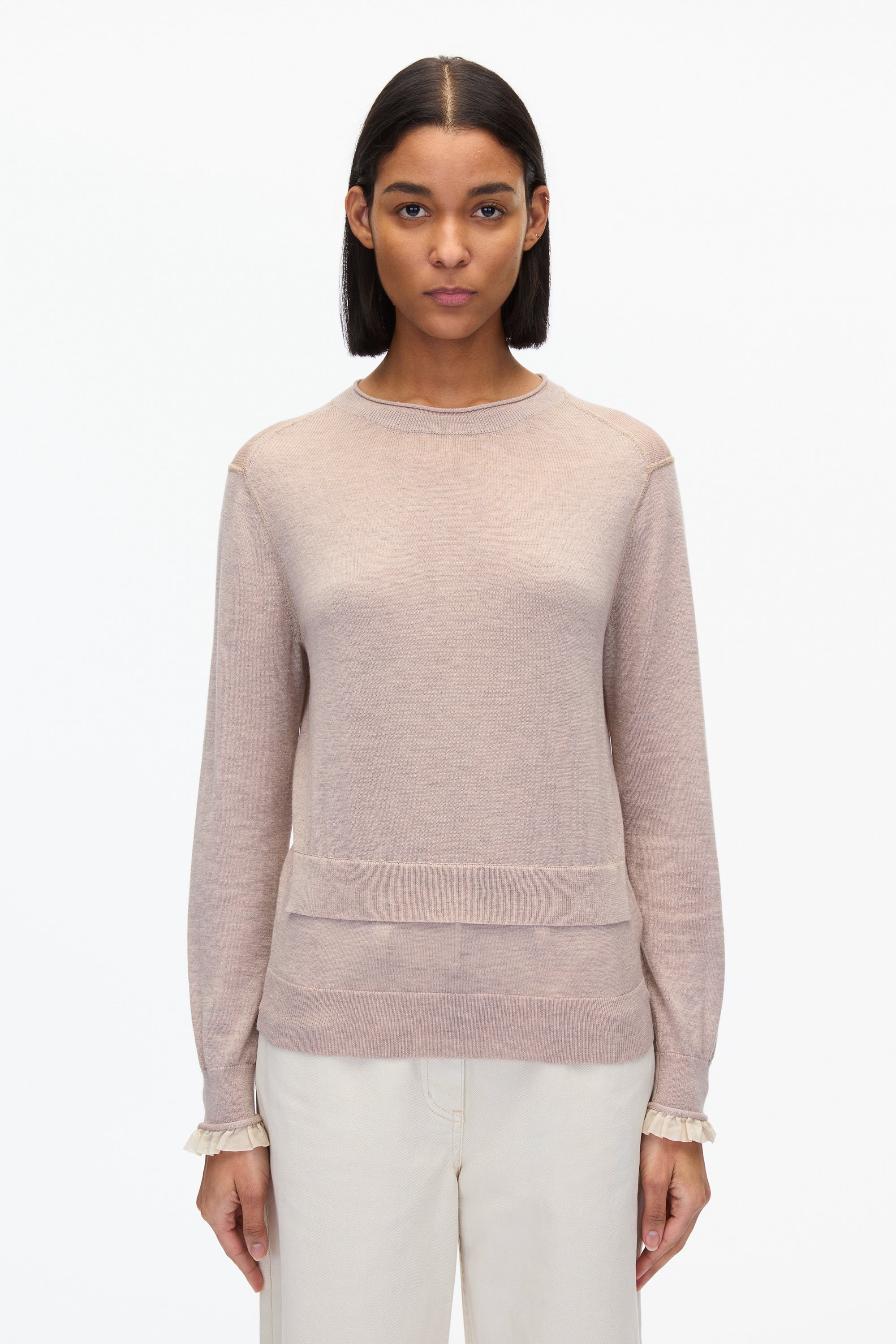 Layered Wool Silk Crew Sweater with Chiffon Cuff - Image 2
