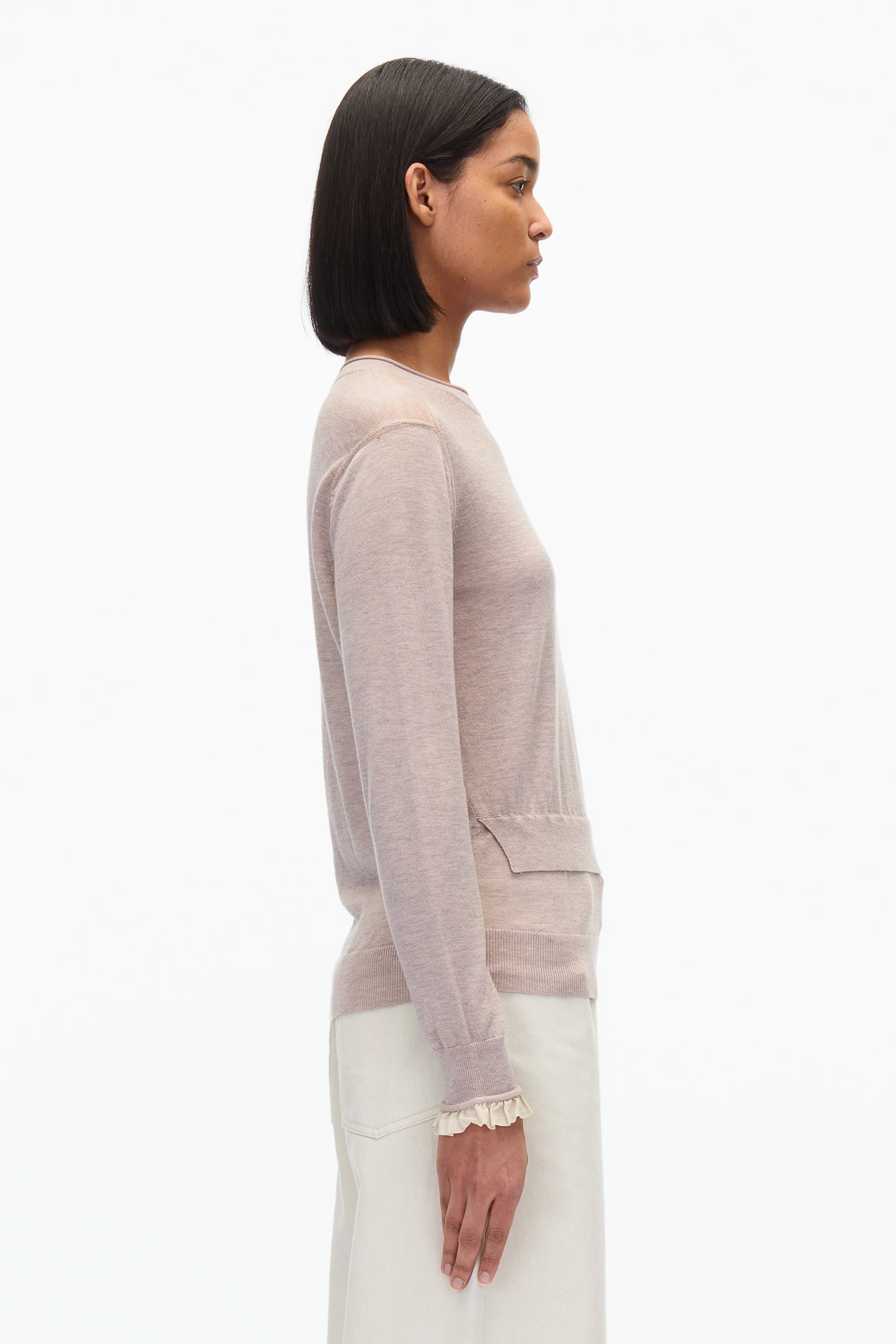 Layered Wool Silk Crew Sweater with Chiffon Cuff - Image 3