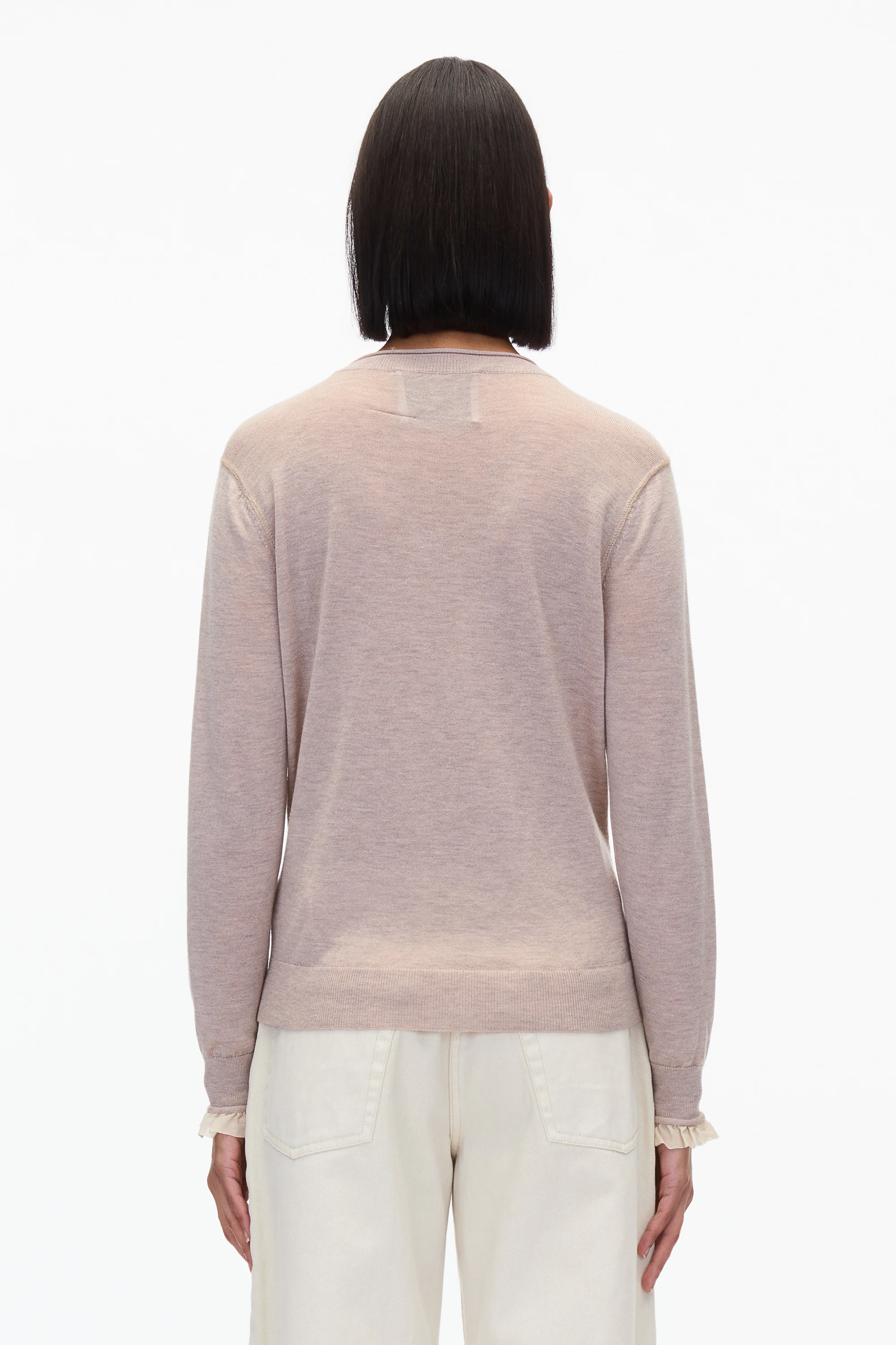 Layered Wool Silk Crew Sweater with Chiffon Cuff - Image 4