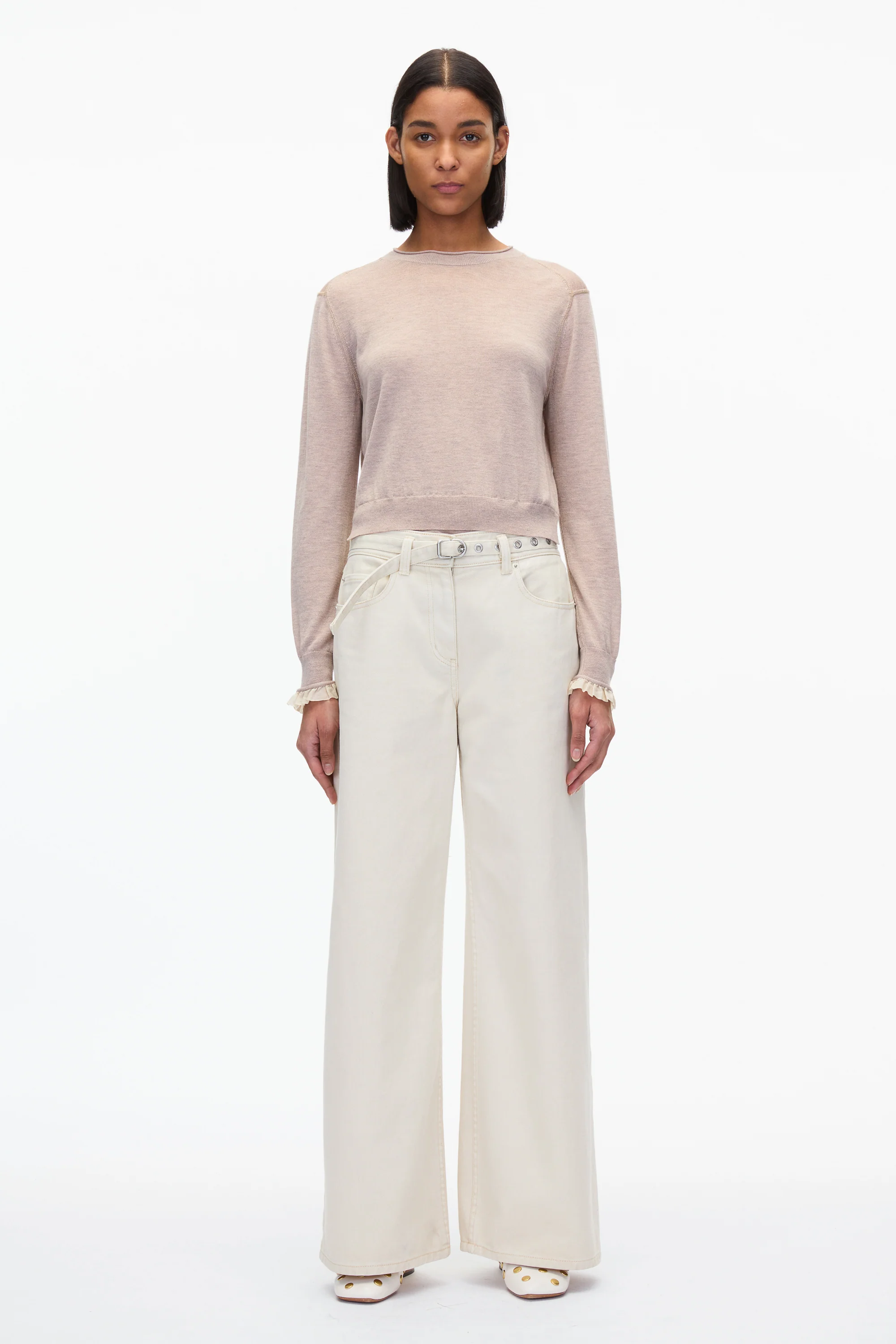Layered Wool Silk Crew Sweater with Chiffon Cuff - Image 5