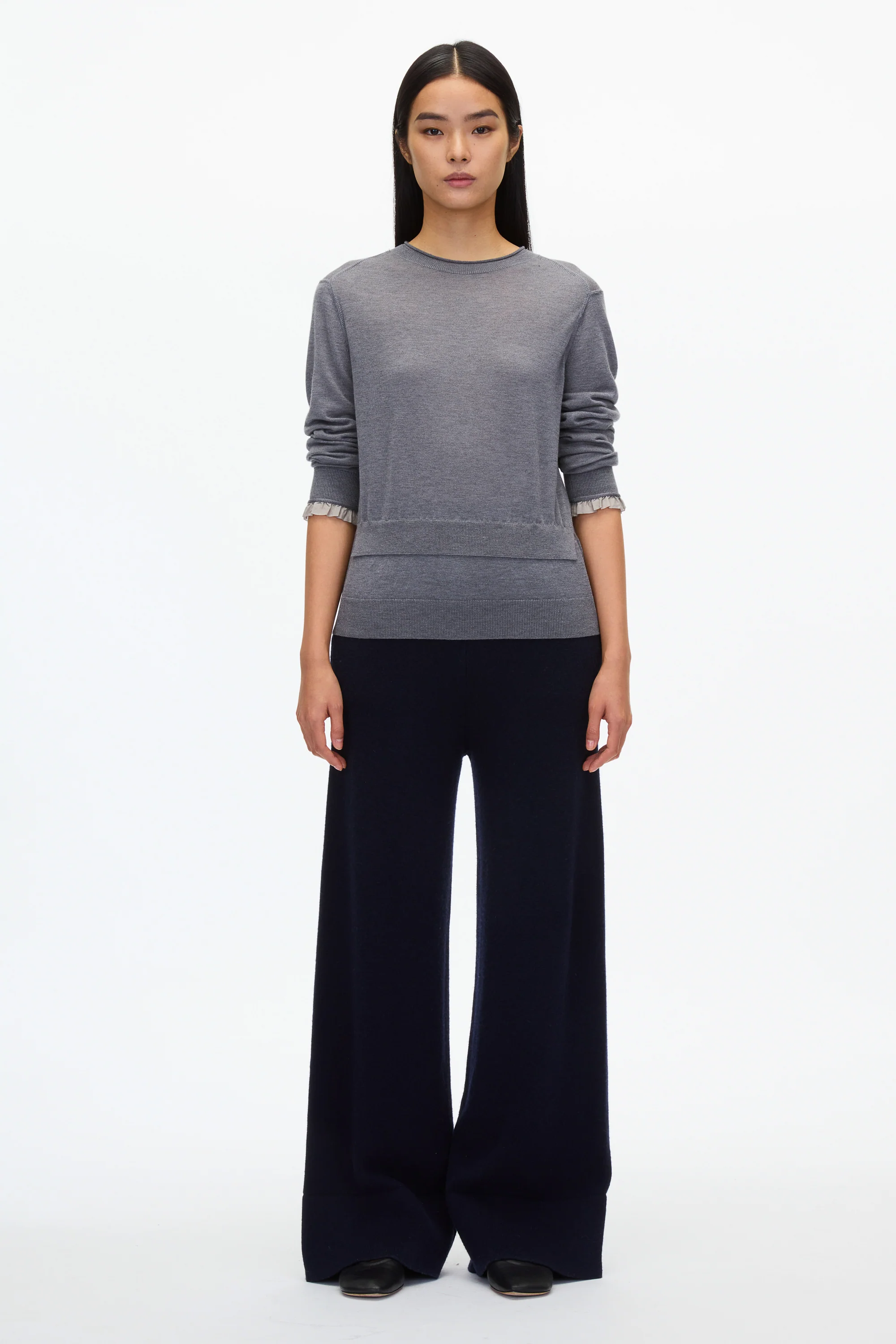 Layered Wool Silk Crew Sweater with Chiffon Cuff - Image 6