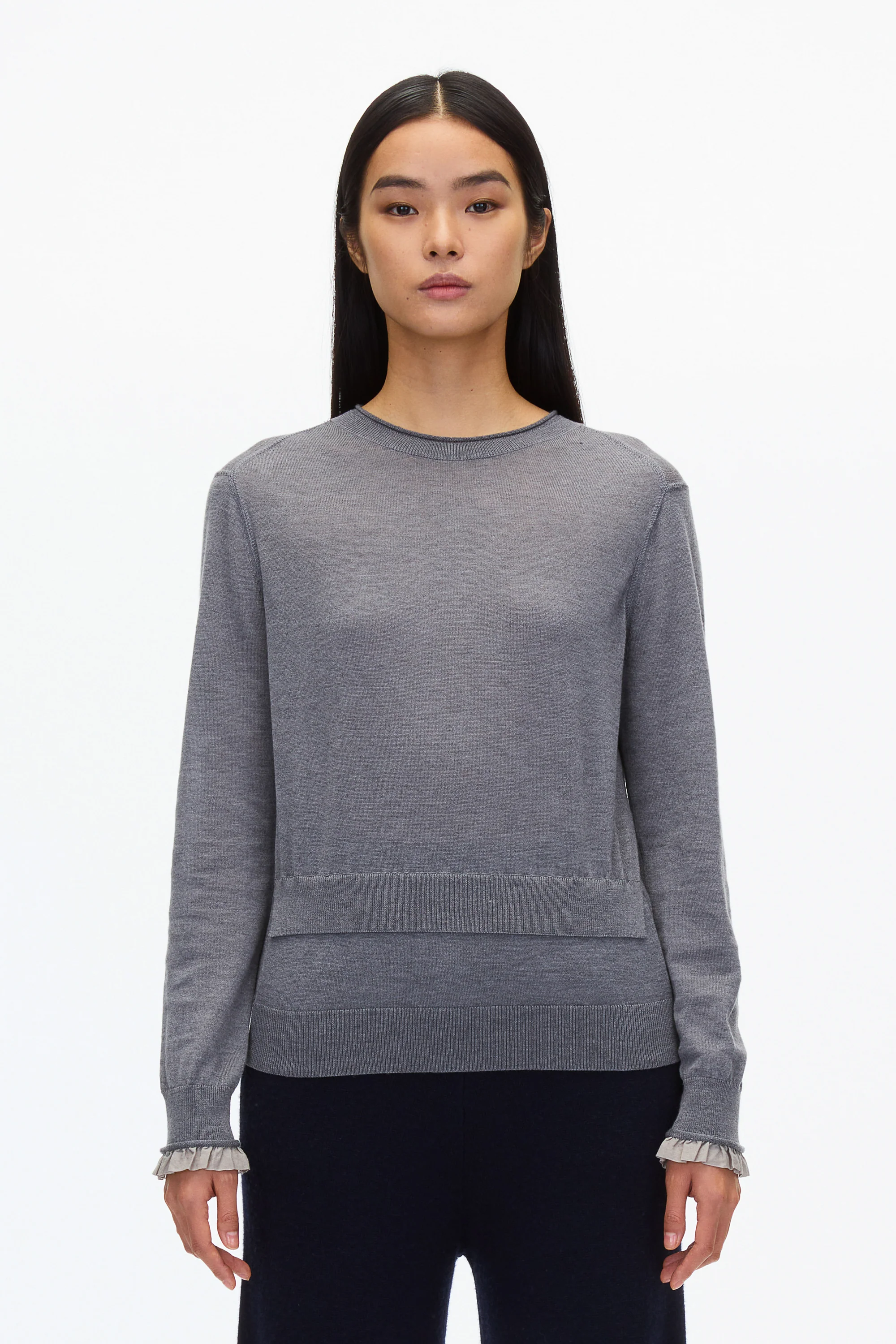 Layered Wool Silk Crew Sweater with Chiffon Cuff - Image 7