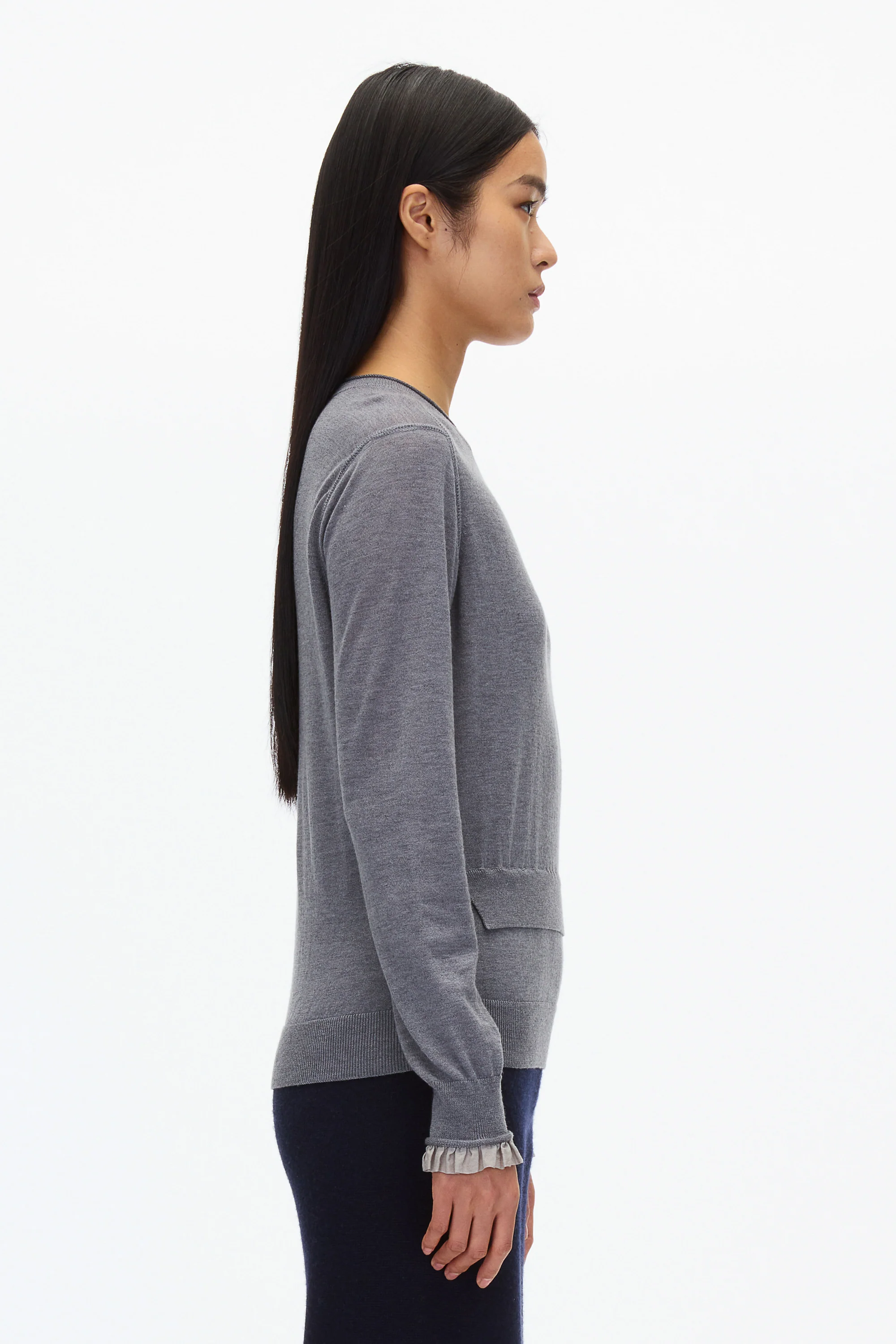 Layered Wool Silk Crew Sweater with Chiffon Cuff - Image 8