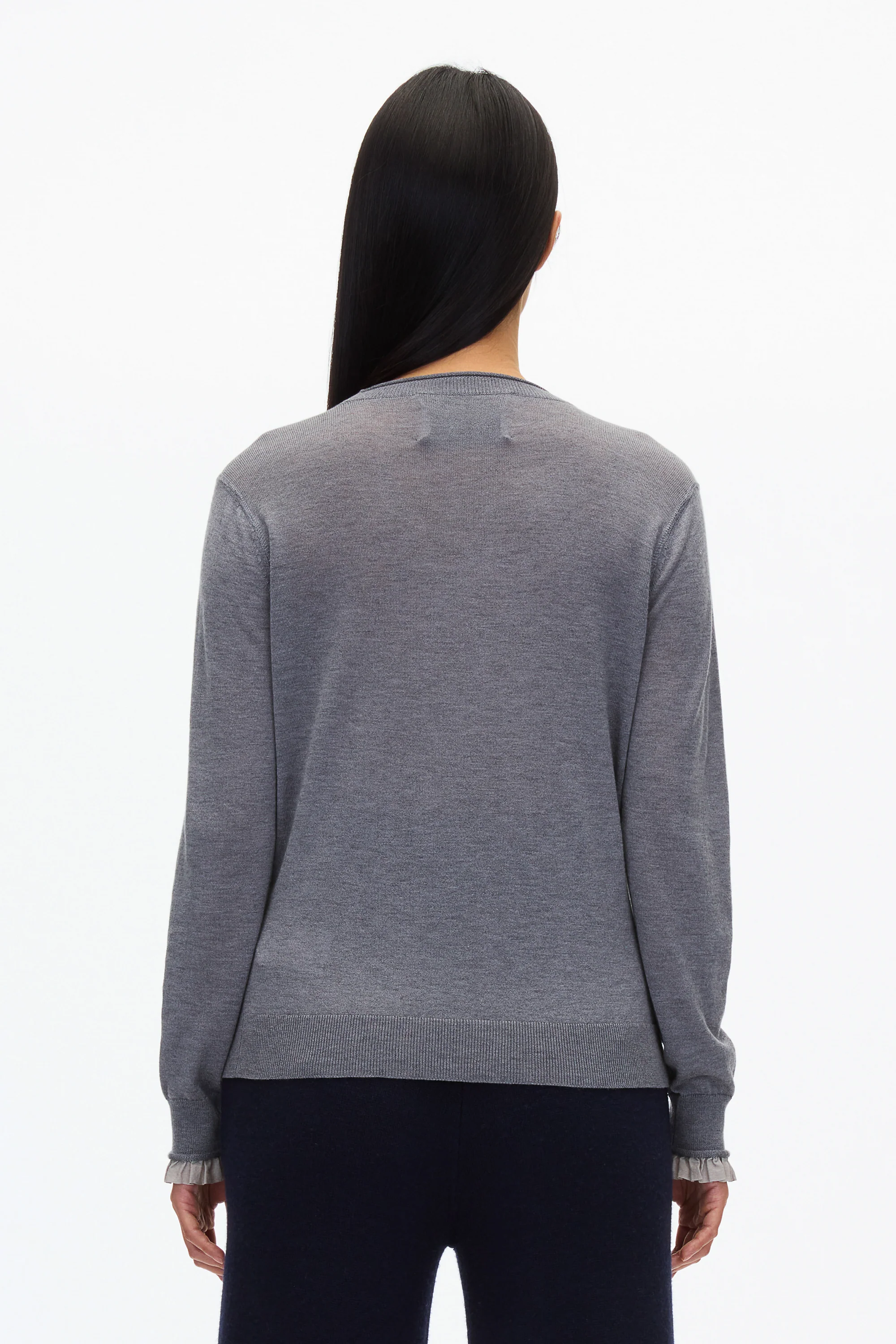 Layered Wool Silk Crew Sweater with Chiffon Cuff - Image 9