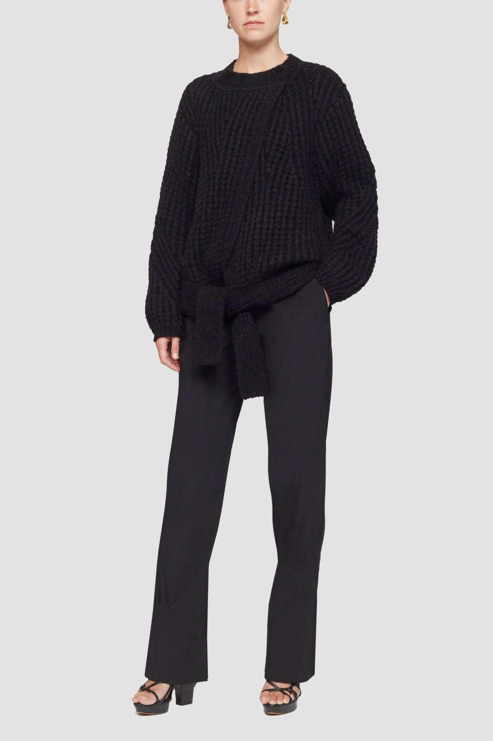 Fisherman Rib Overlap Sweater W Waist Tie