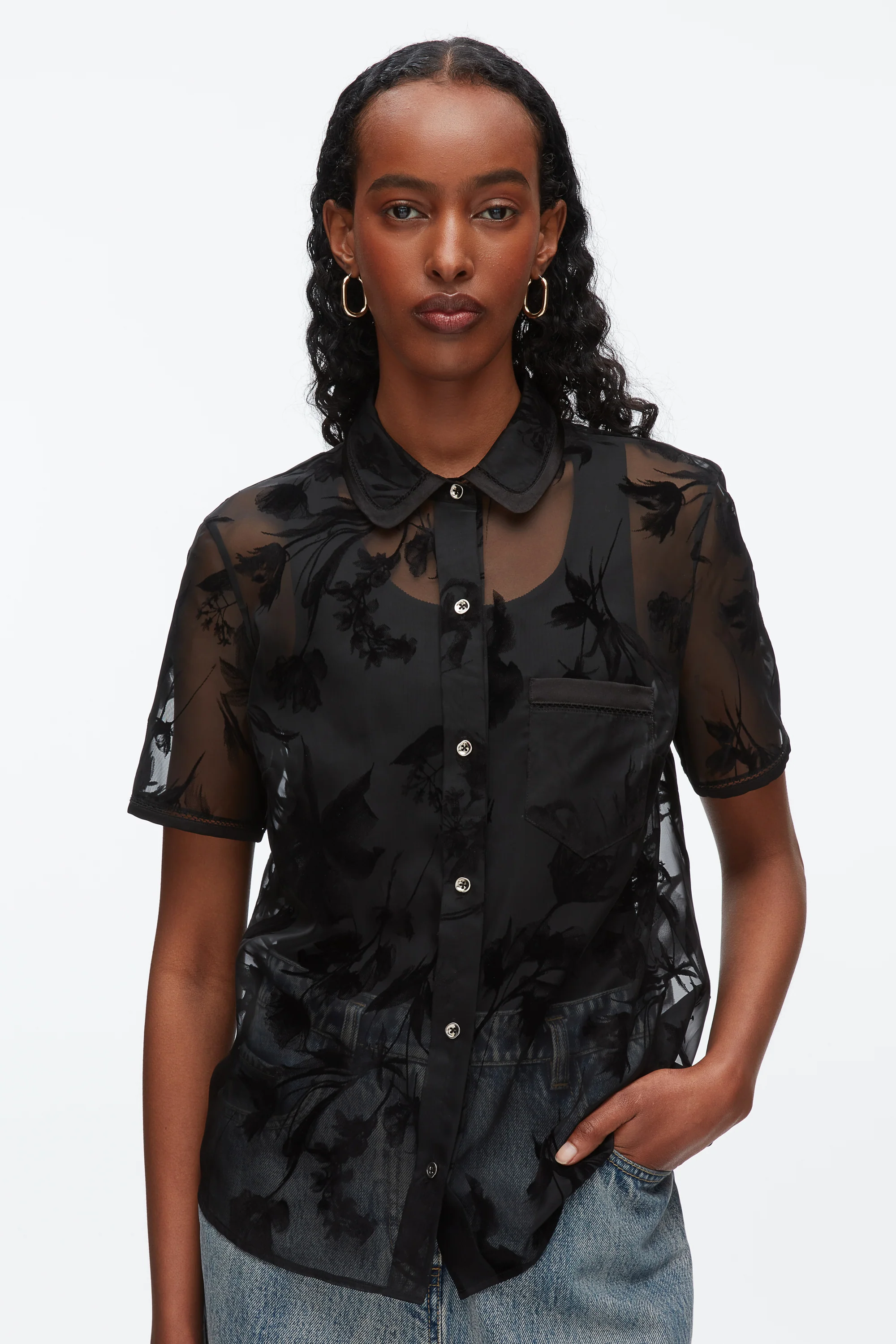 Flocked Organza Short Sleeve Shirt - Image 2
