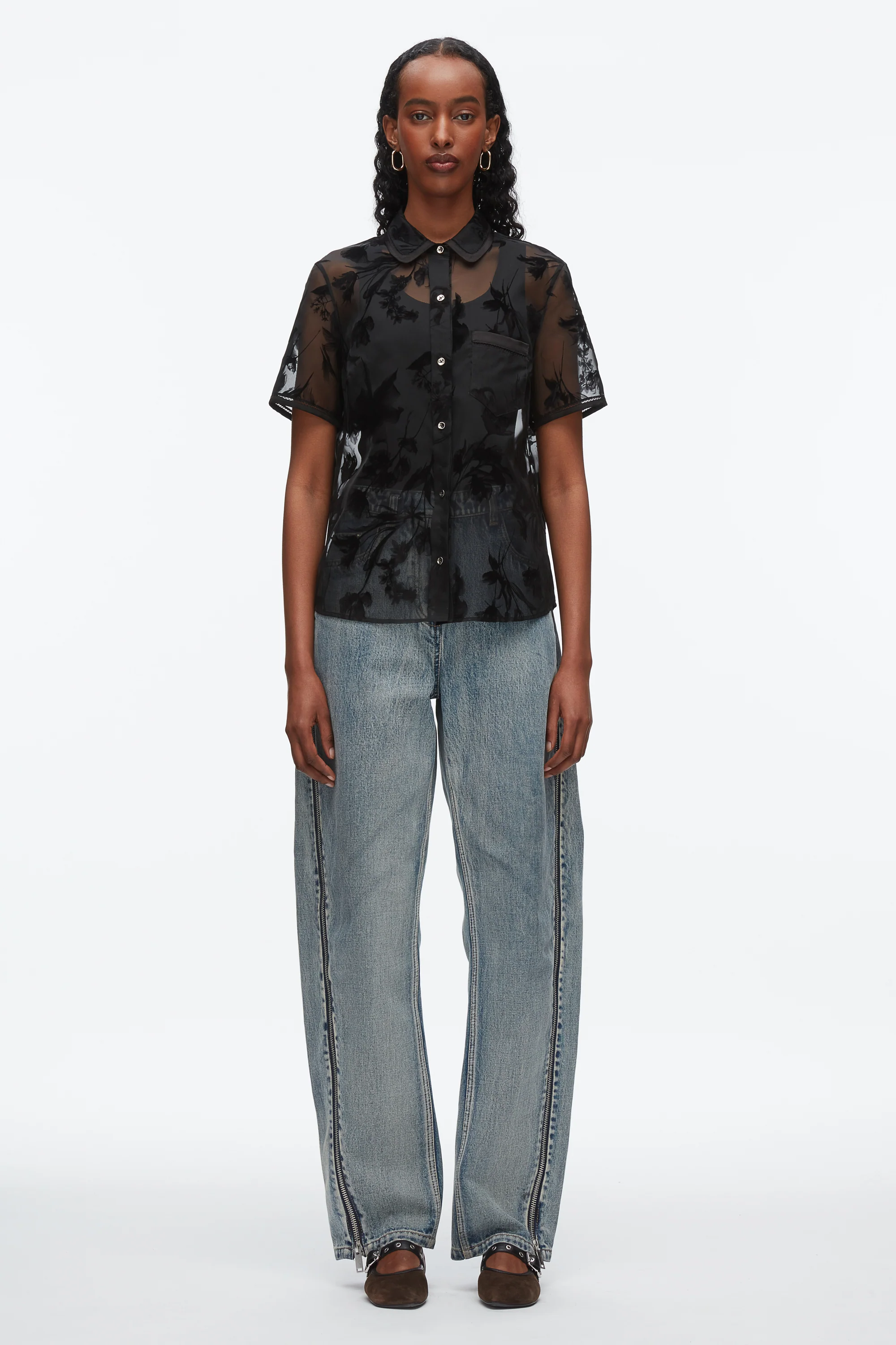 Flocked Organza Short Sleeve Shirt - Image 3