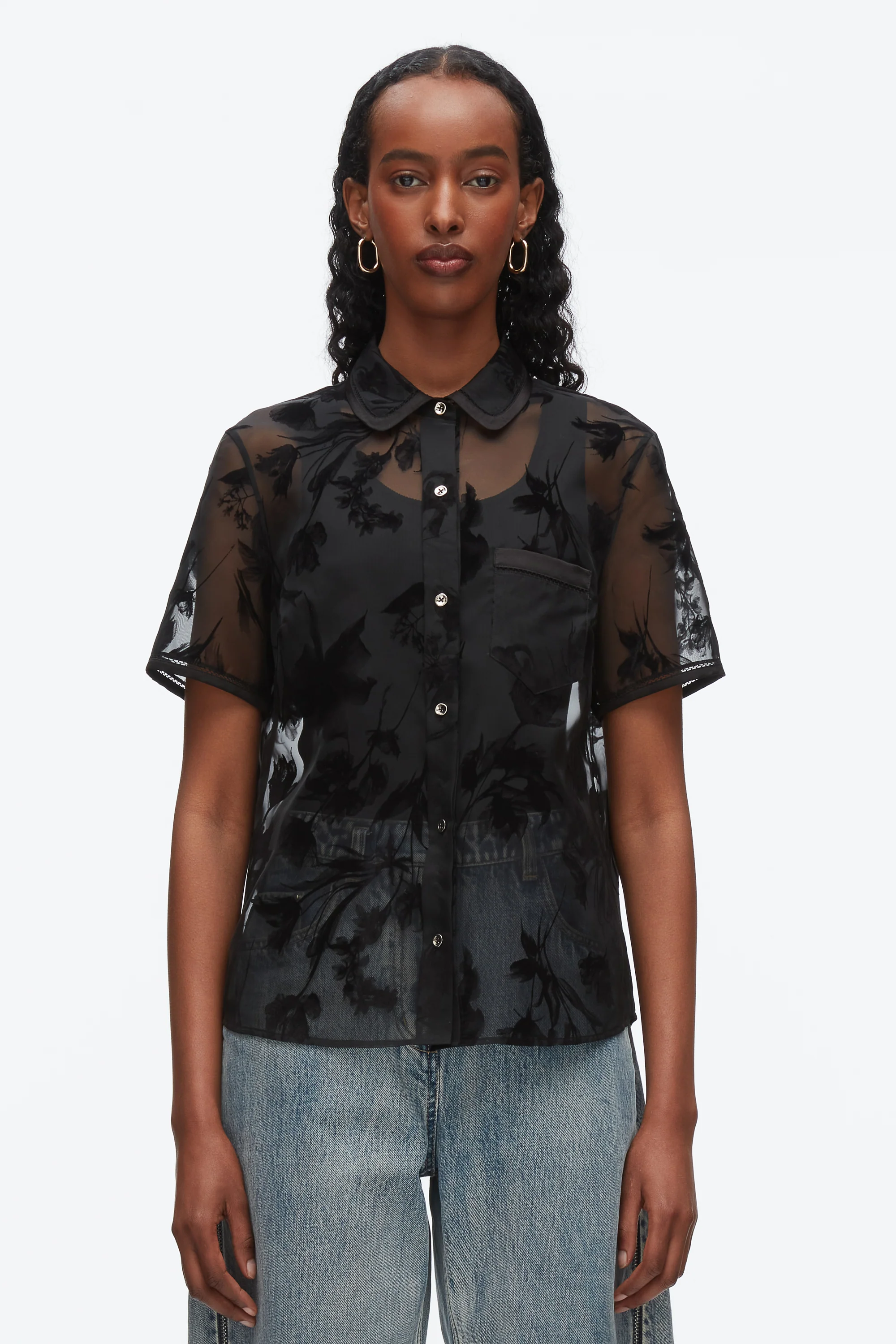 Flocked Organza Short Sleeve Shirt - Image 4