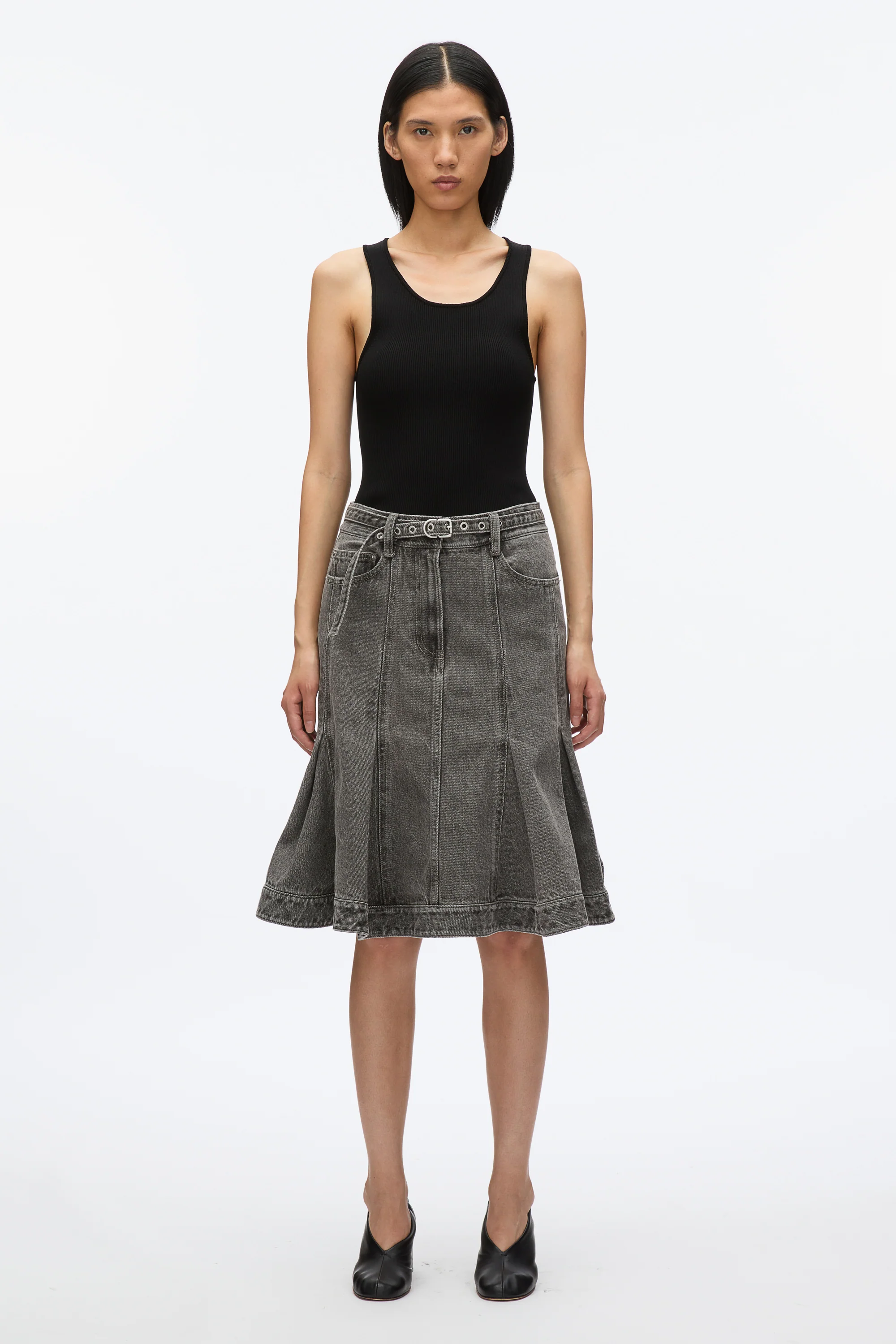 Flounce Hem Belted Denim Skirt