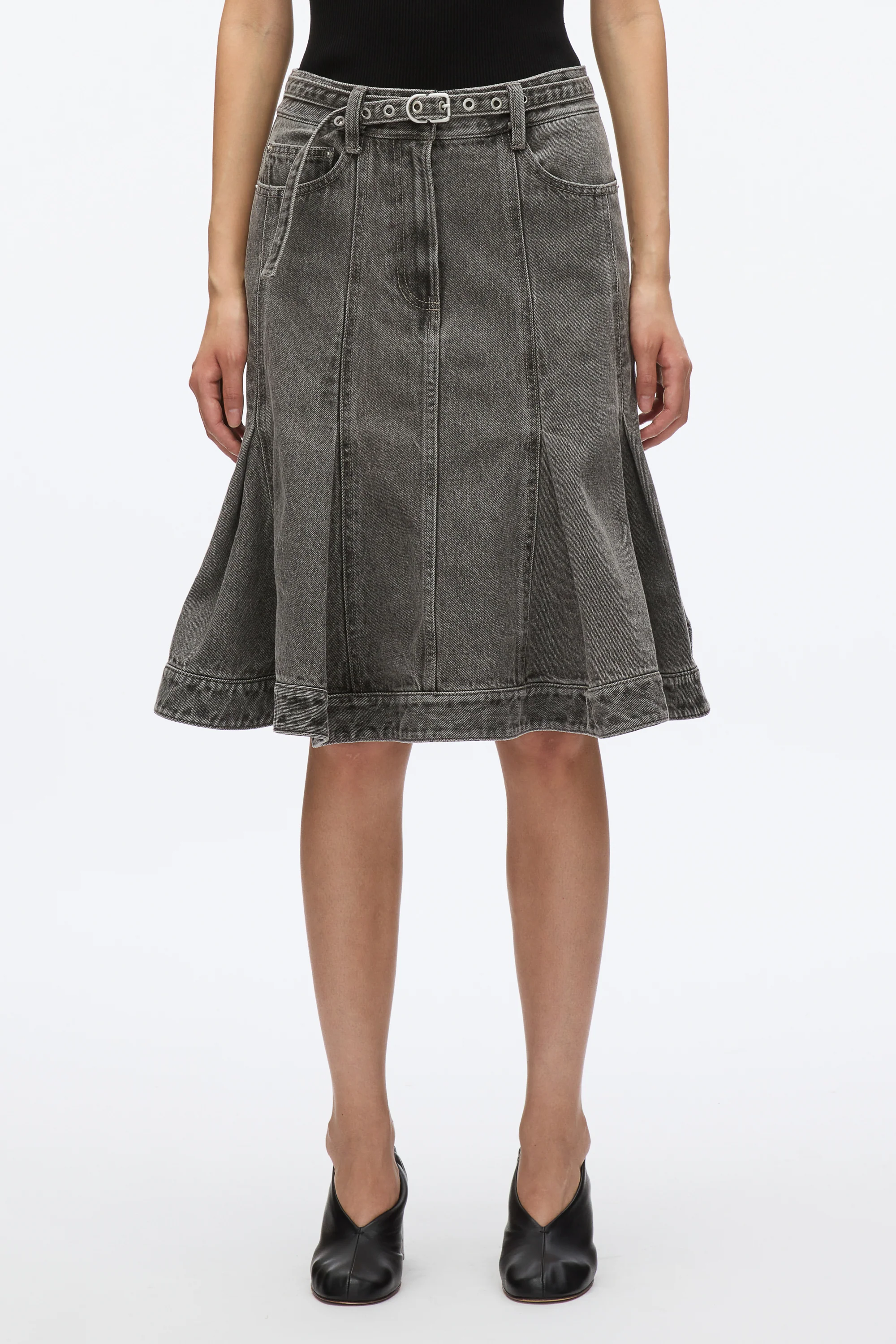 Flounce Hem Belted Denim Skirt - Image 2