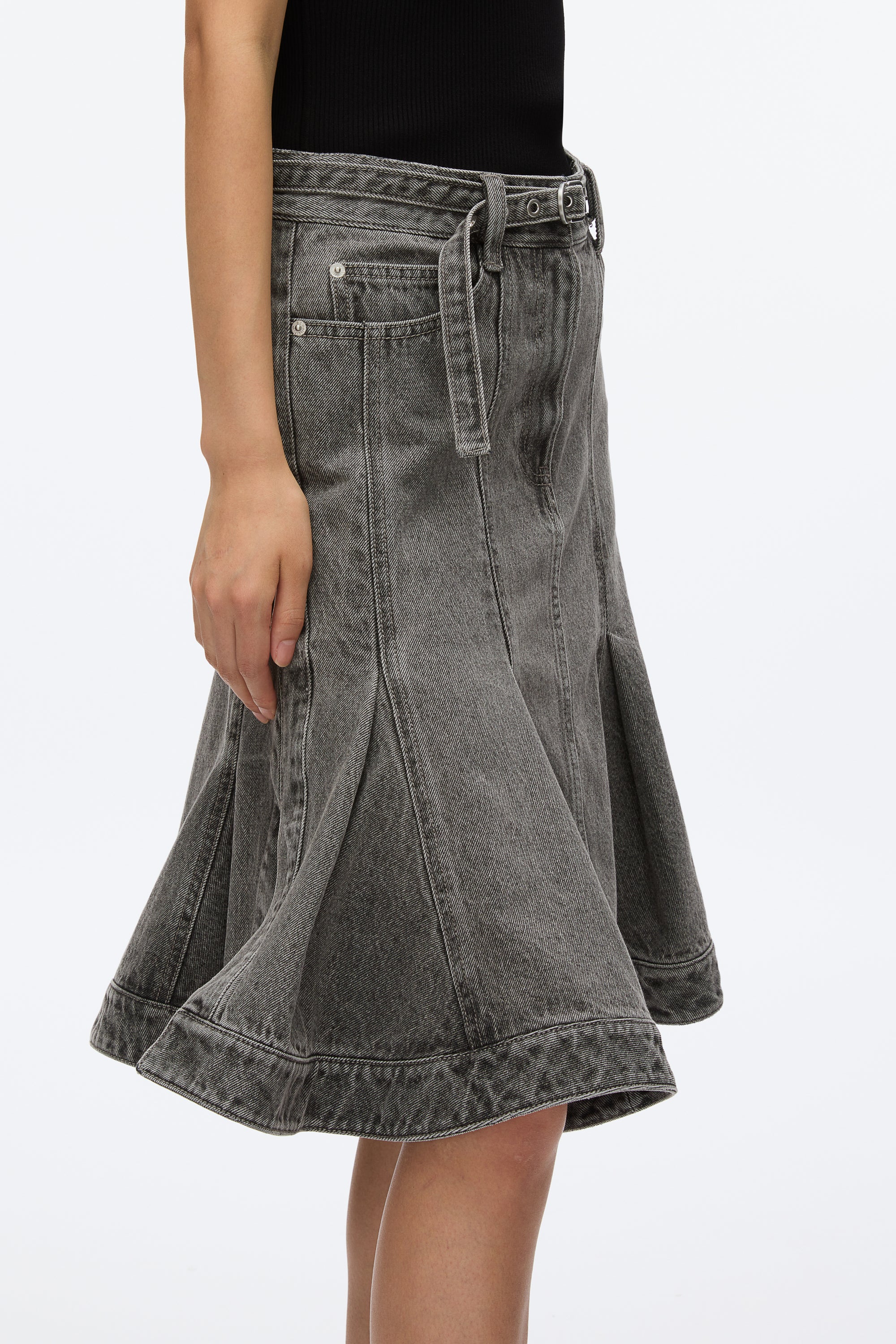Flounce Hem Belted Denim Skirt - Image 5