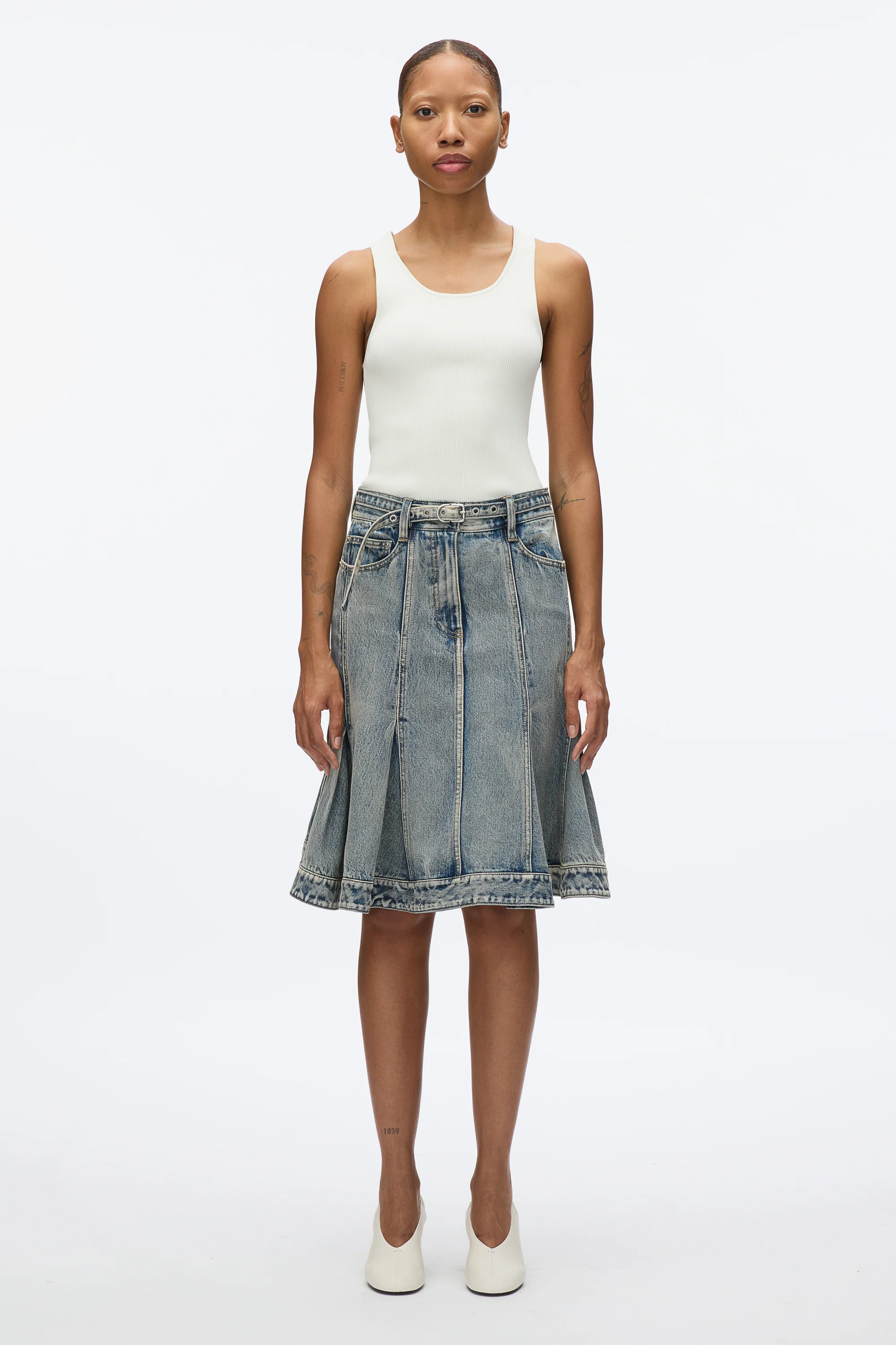 Flounce Hem Belted Denim Skirt