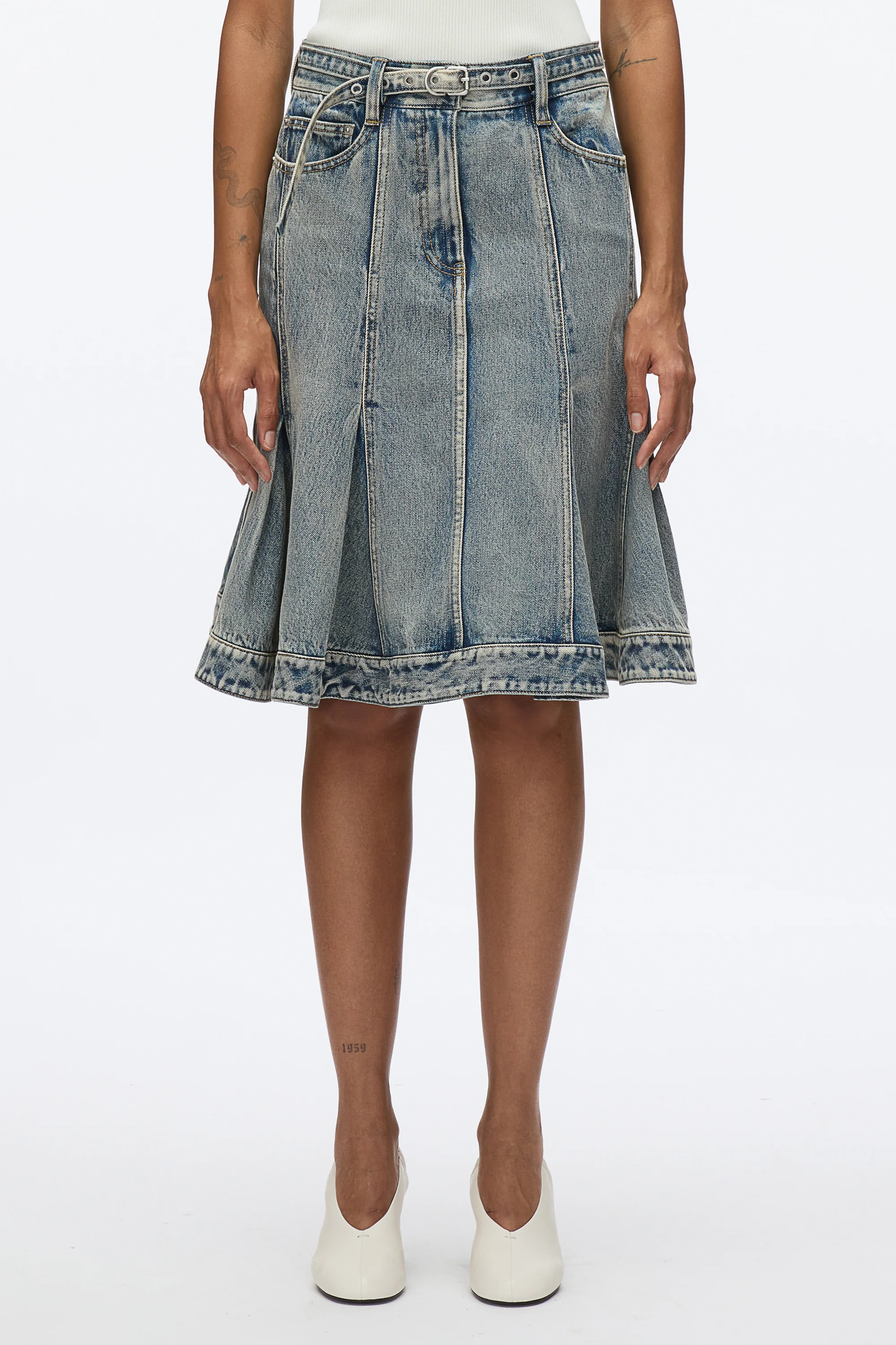 Flounce Hem Belted Denim Skirt - Image 2