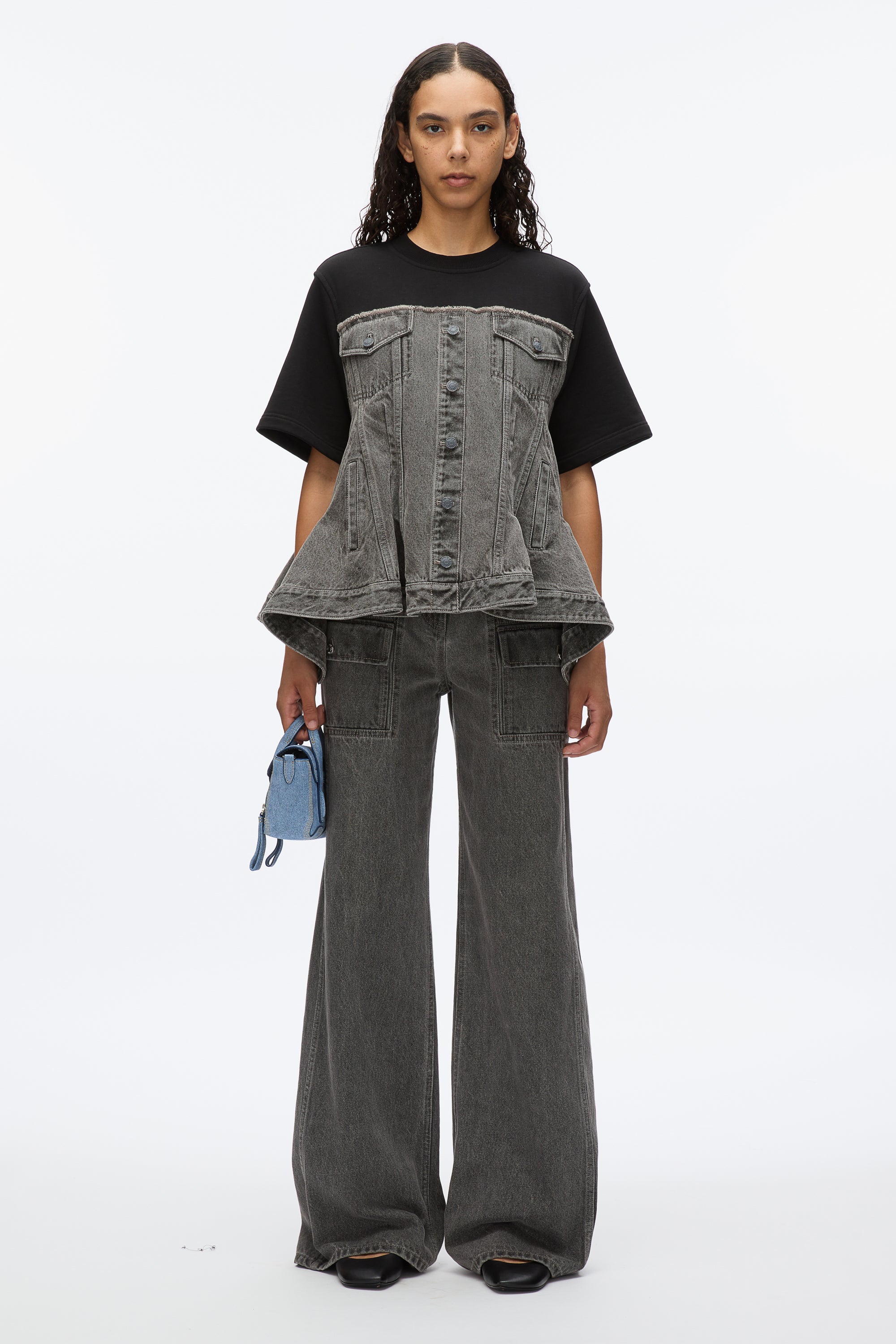 Flounce Hem Hybrid Denim Top