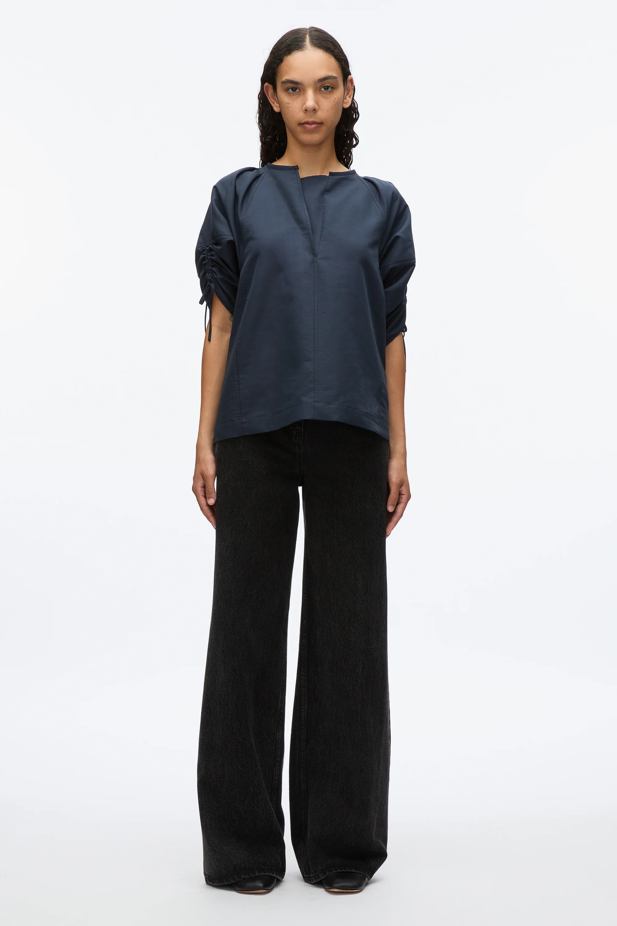 Gathered Sleeve Band Collar Top - Image 10