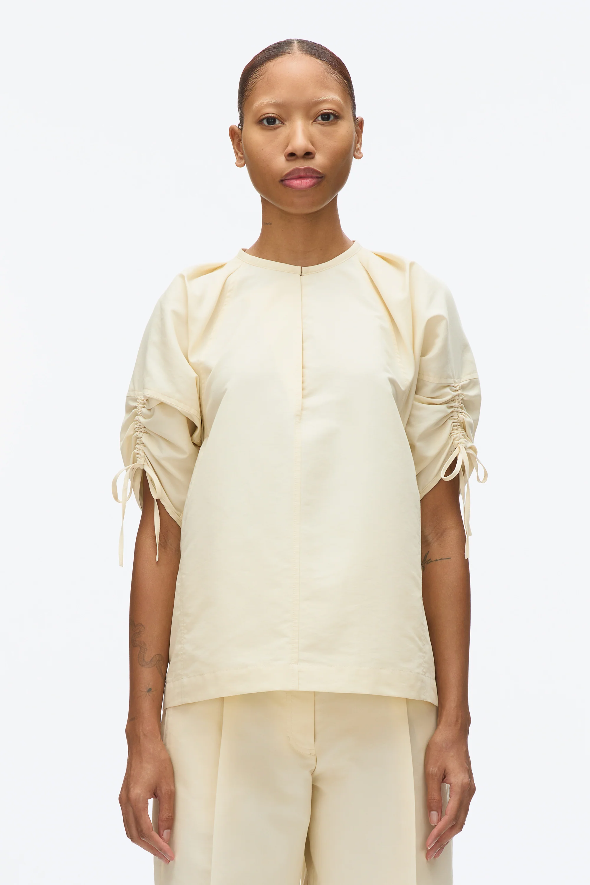 Gathered Sleeve Band Collar Top - Image 5