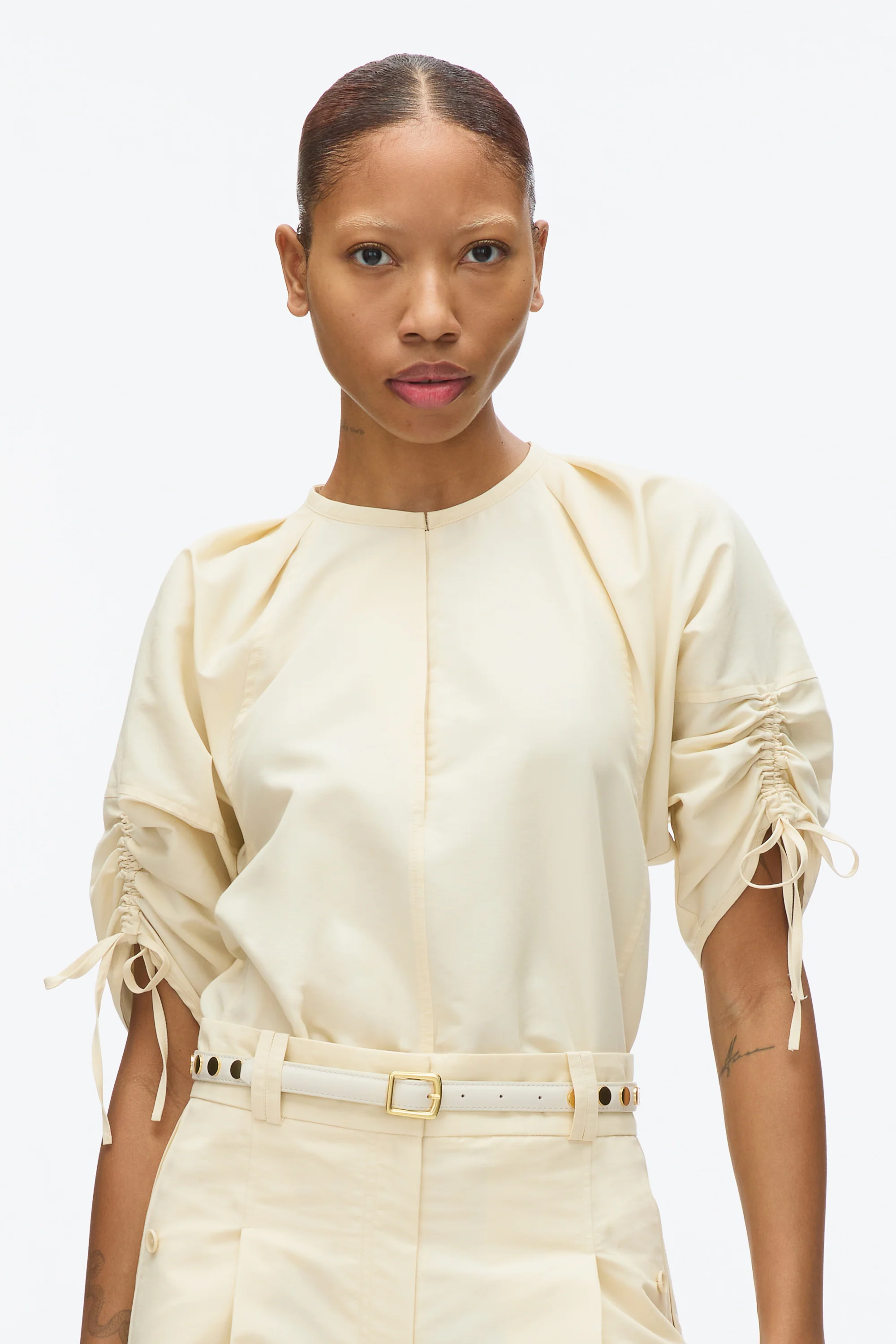 Gathered Sleeve Band Collar Top - Image 9