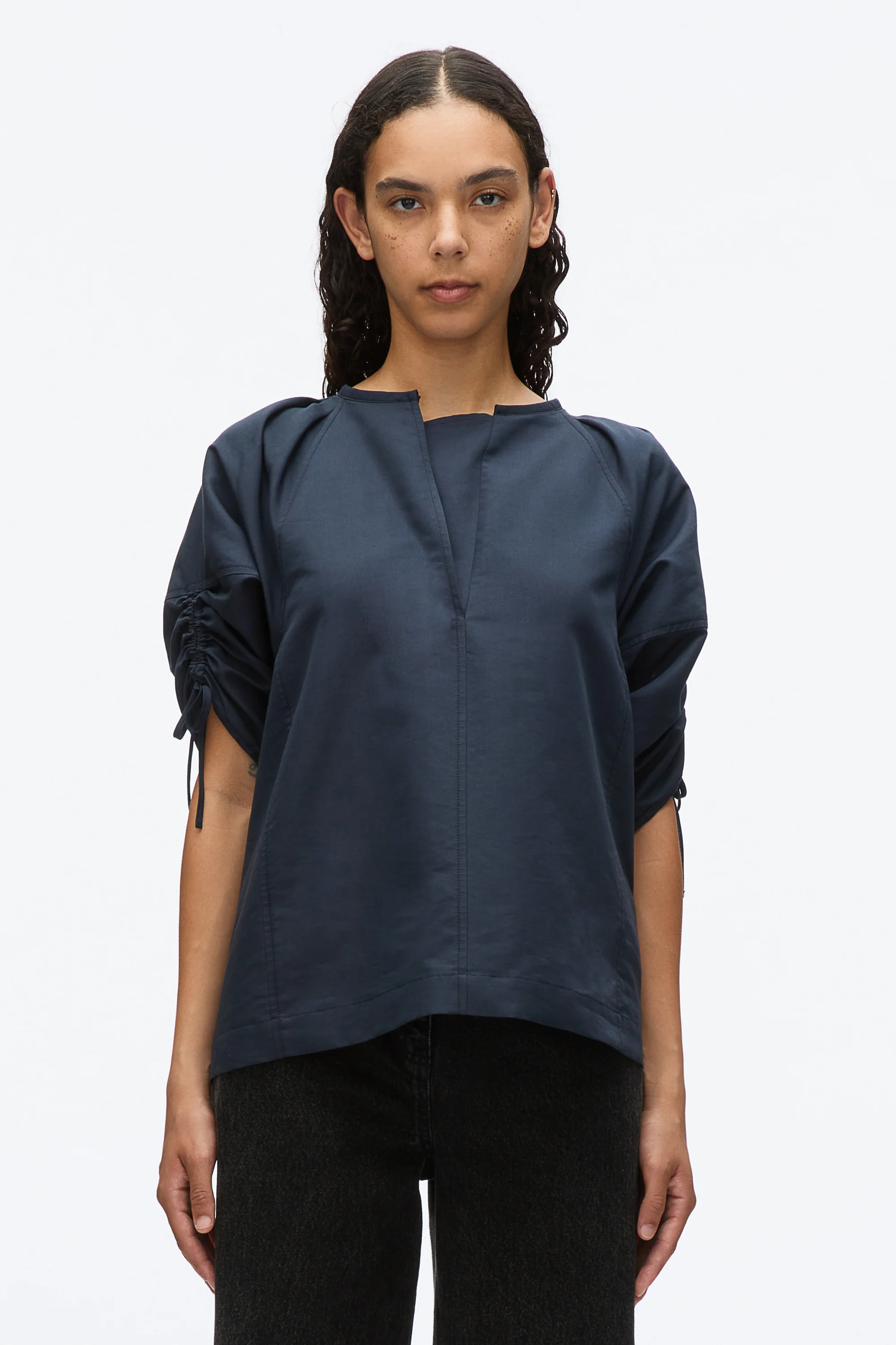 Gathered Sleeve Band Collar Top - Image 11