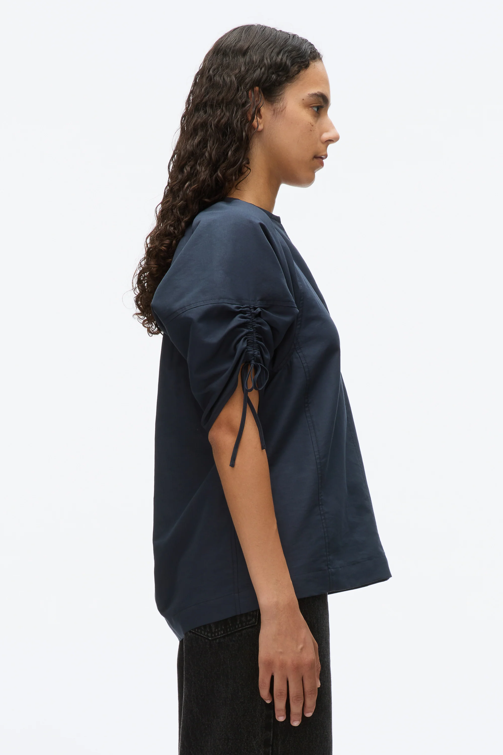 Gathered Sleeve Band Collar Top - Image 12