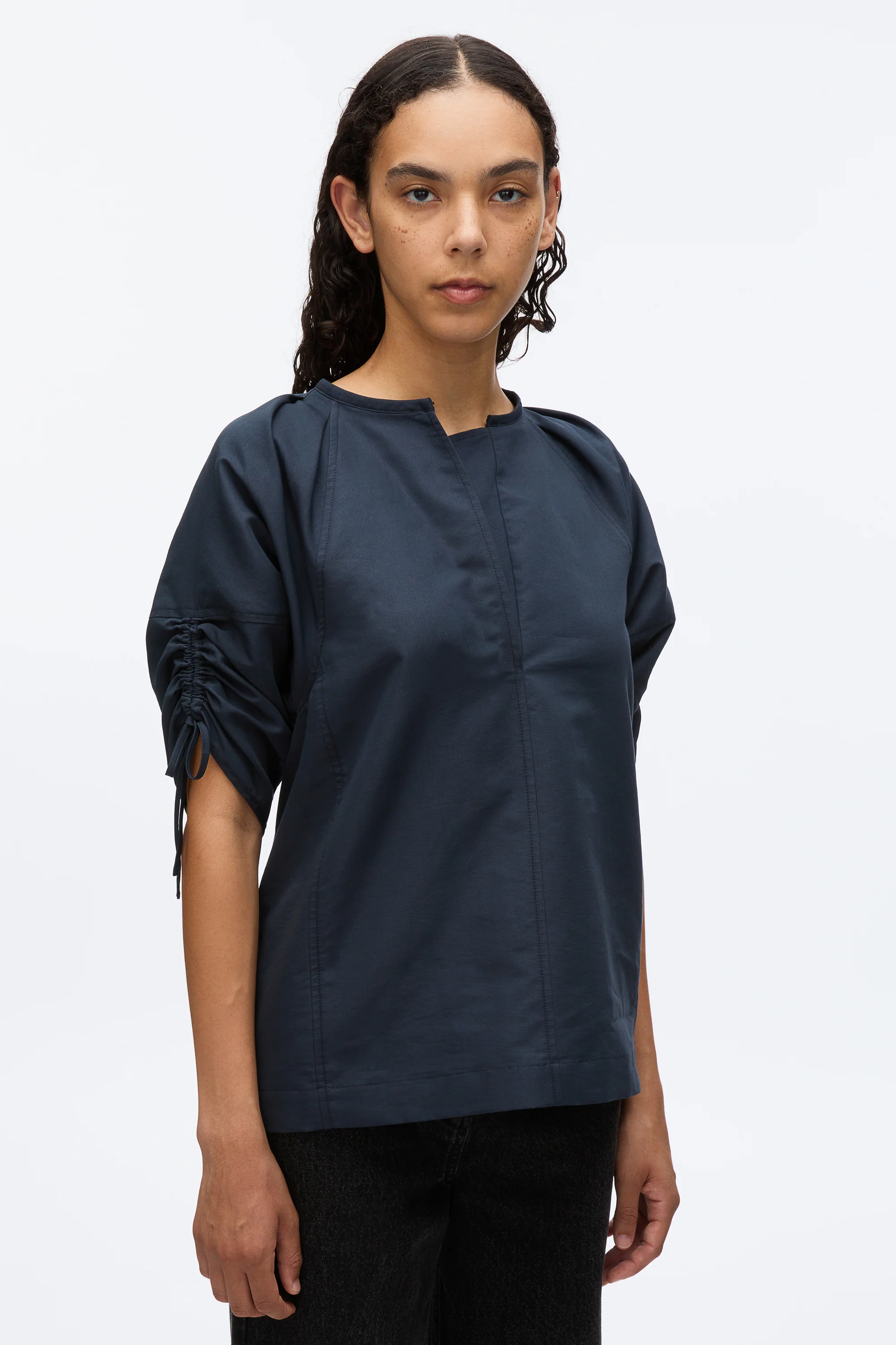 Gathered Sleeve Band Collar Top - Image 14