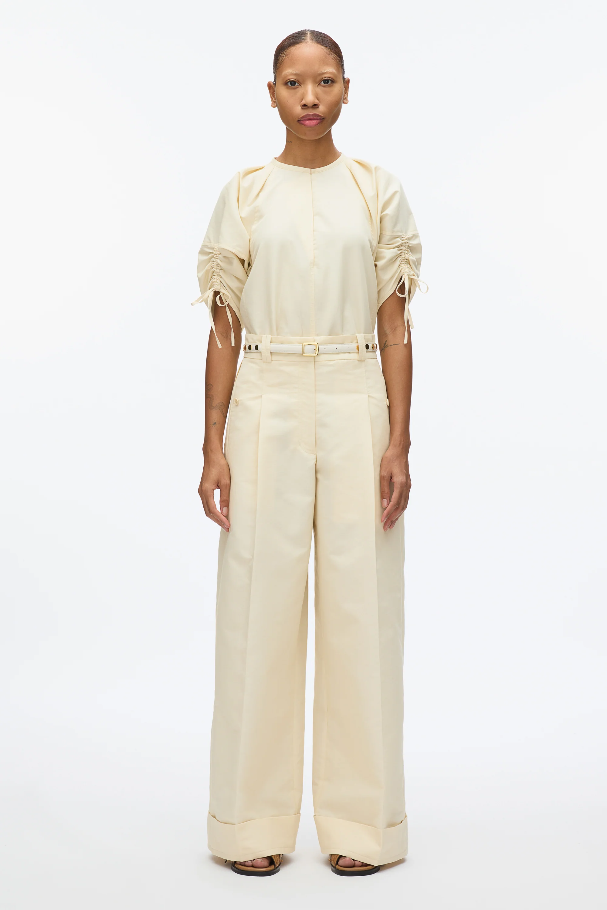 Gathered Sleeve Band Collar Top - Image 2