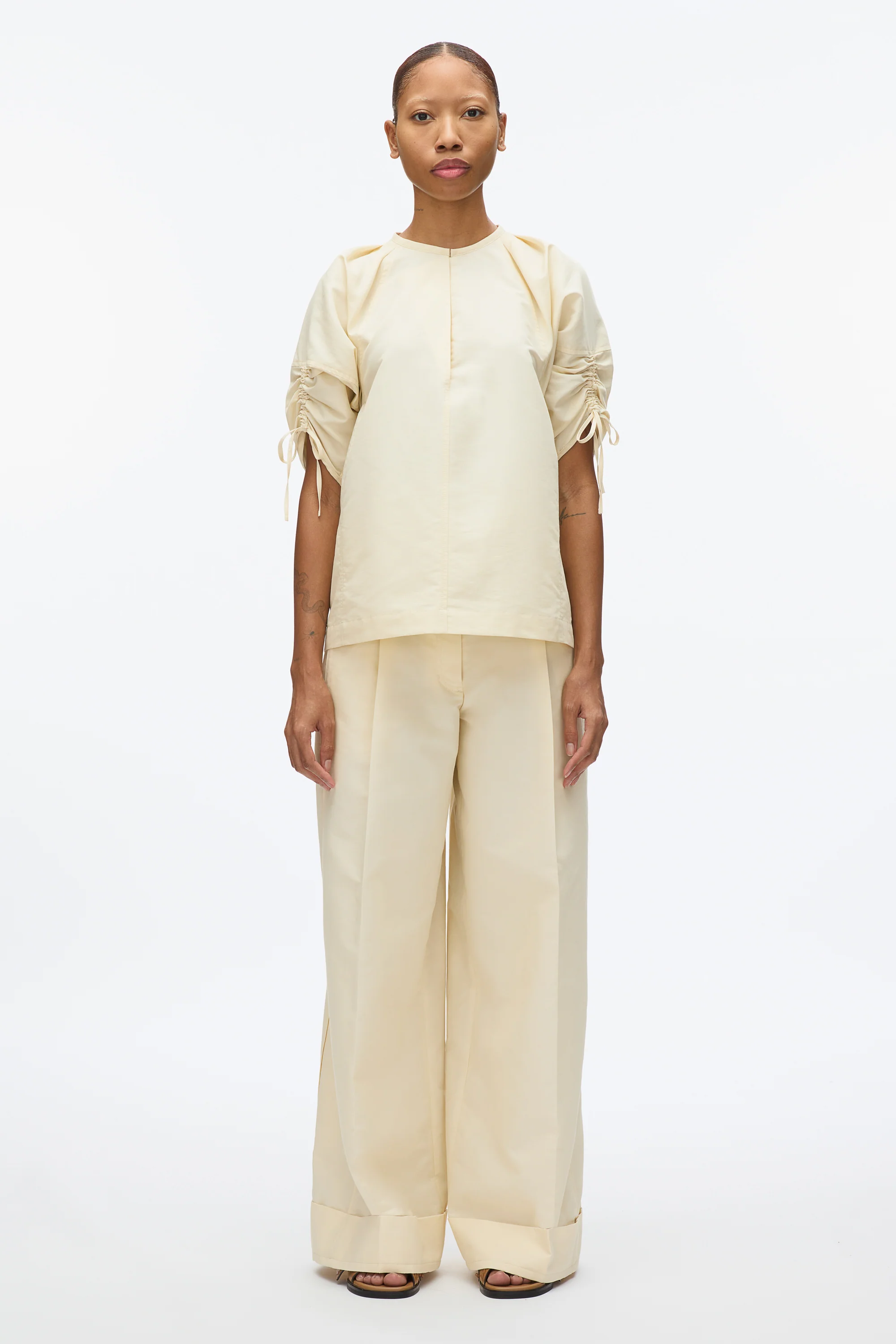 Gathered Sleeve Band Collar Top - Image 3