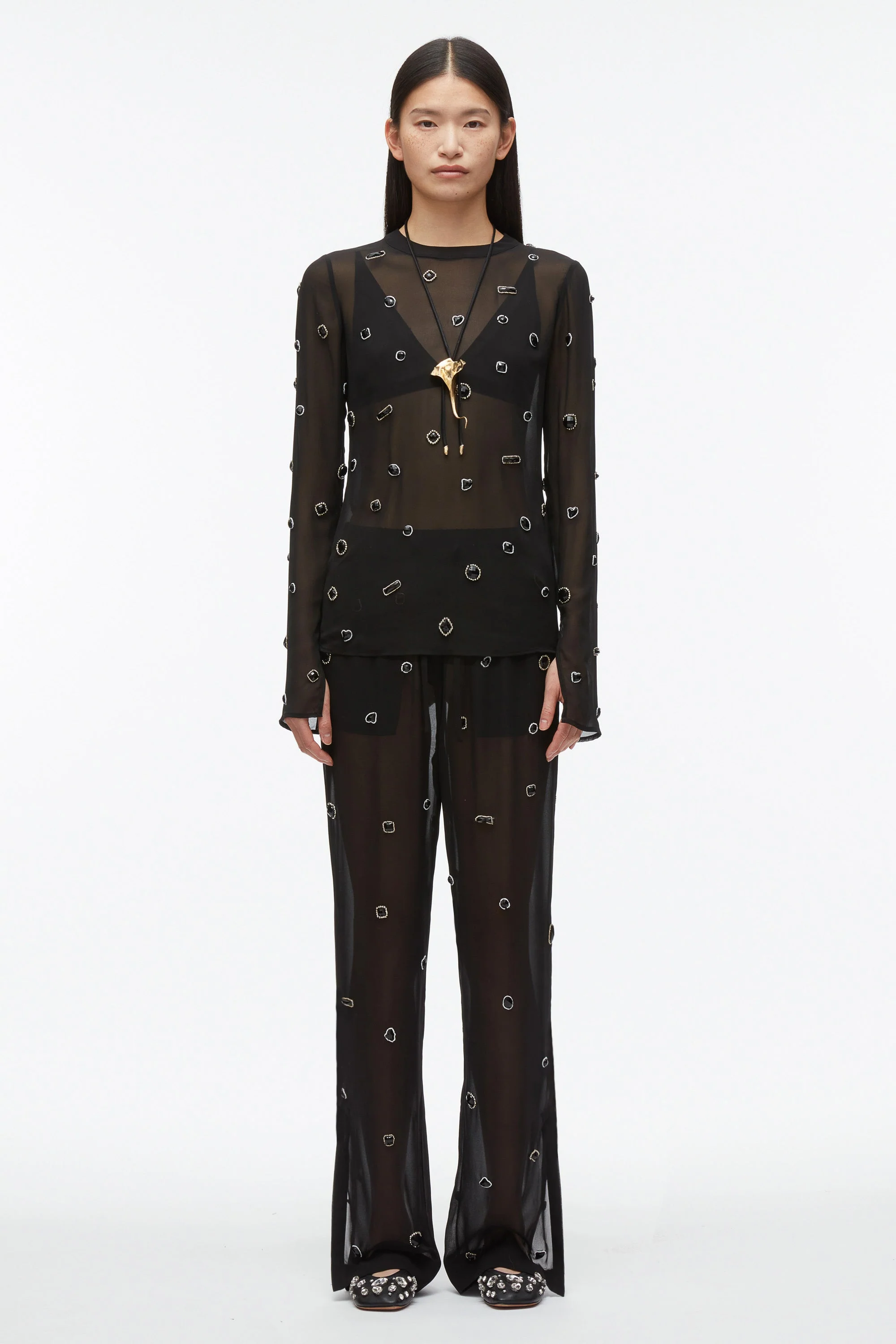 Halo Embroidered Chiffon Long Sleeve Top - Image 3