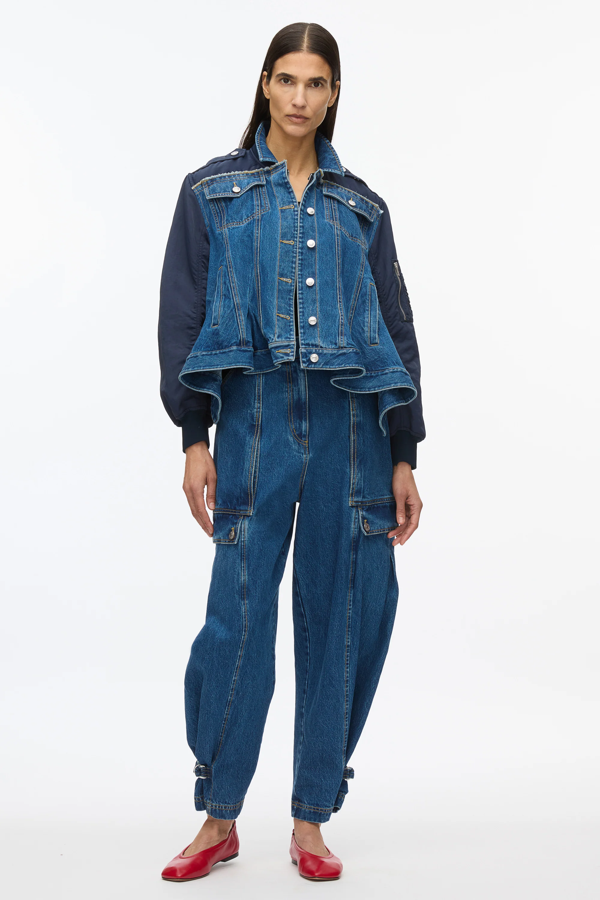 Hybrid Denim Flight Jacket With Flounce Hem
