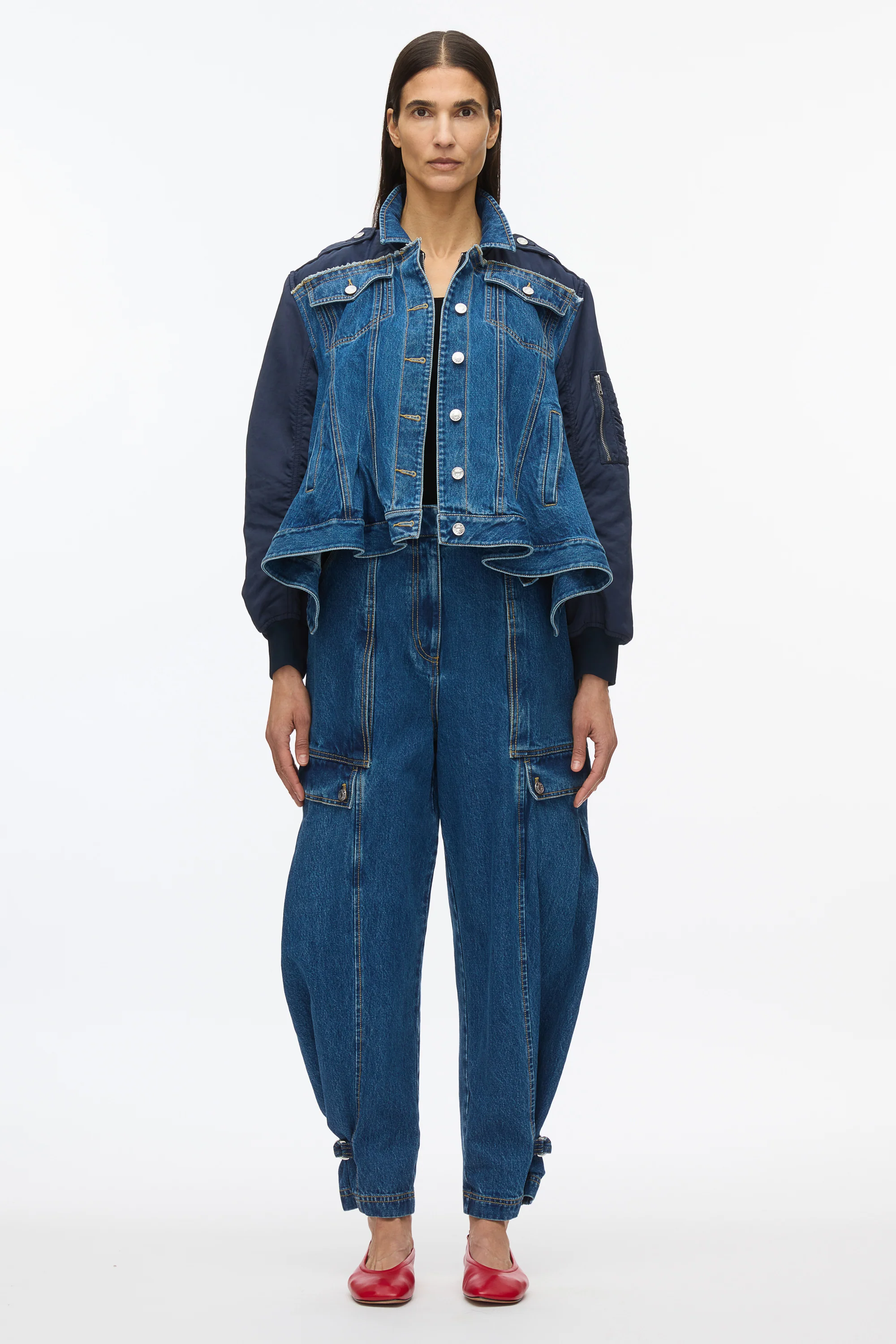 Hybrid Denim Flight Jacket With Flounce Hem - Image 2