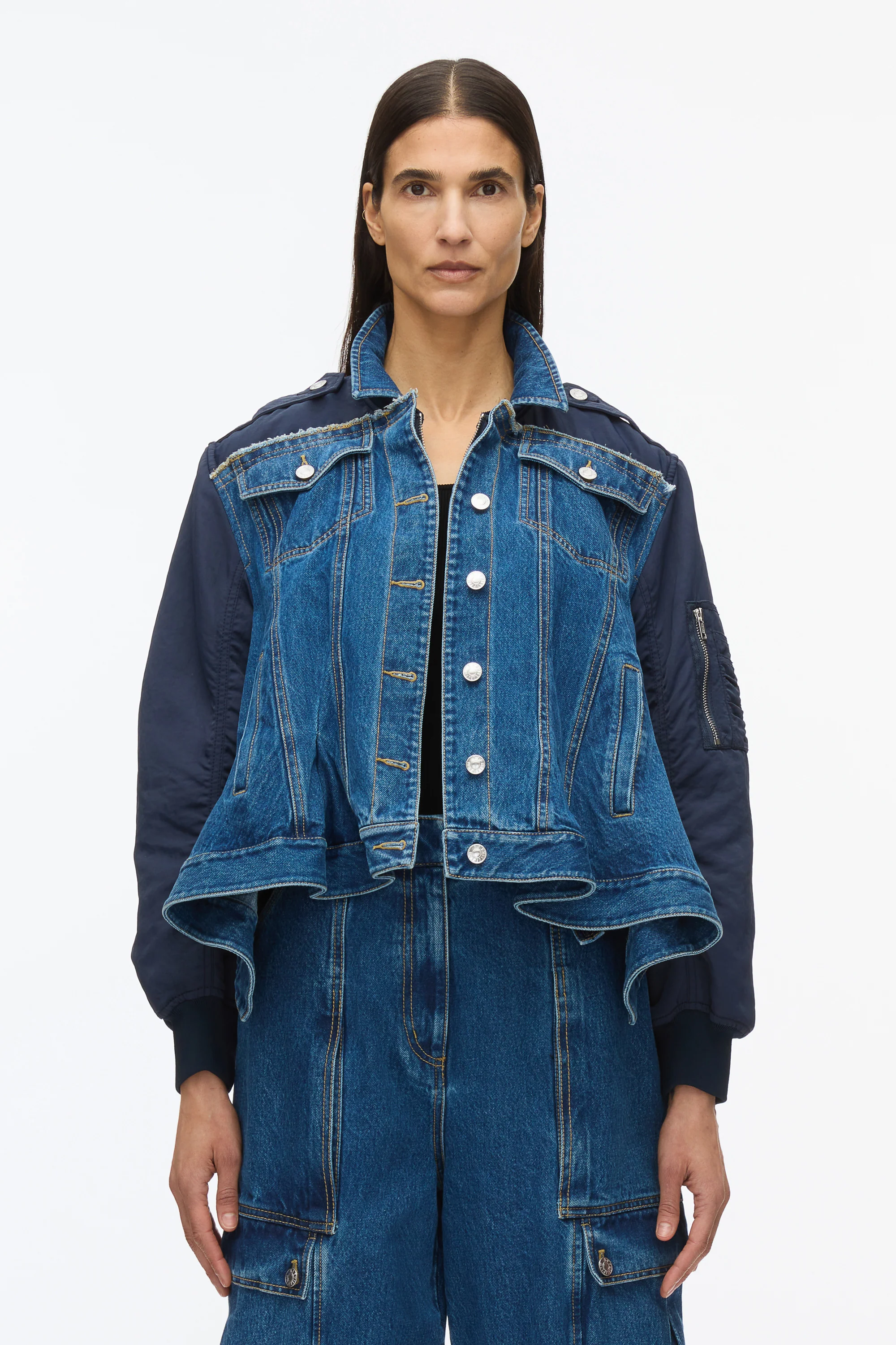 Hybrid Denim Flight Jacket With Flounce Hem - Image 3