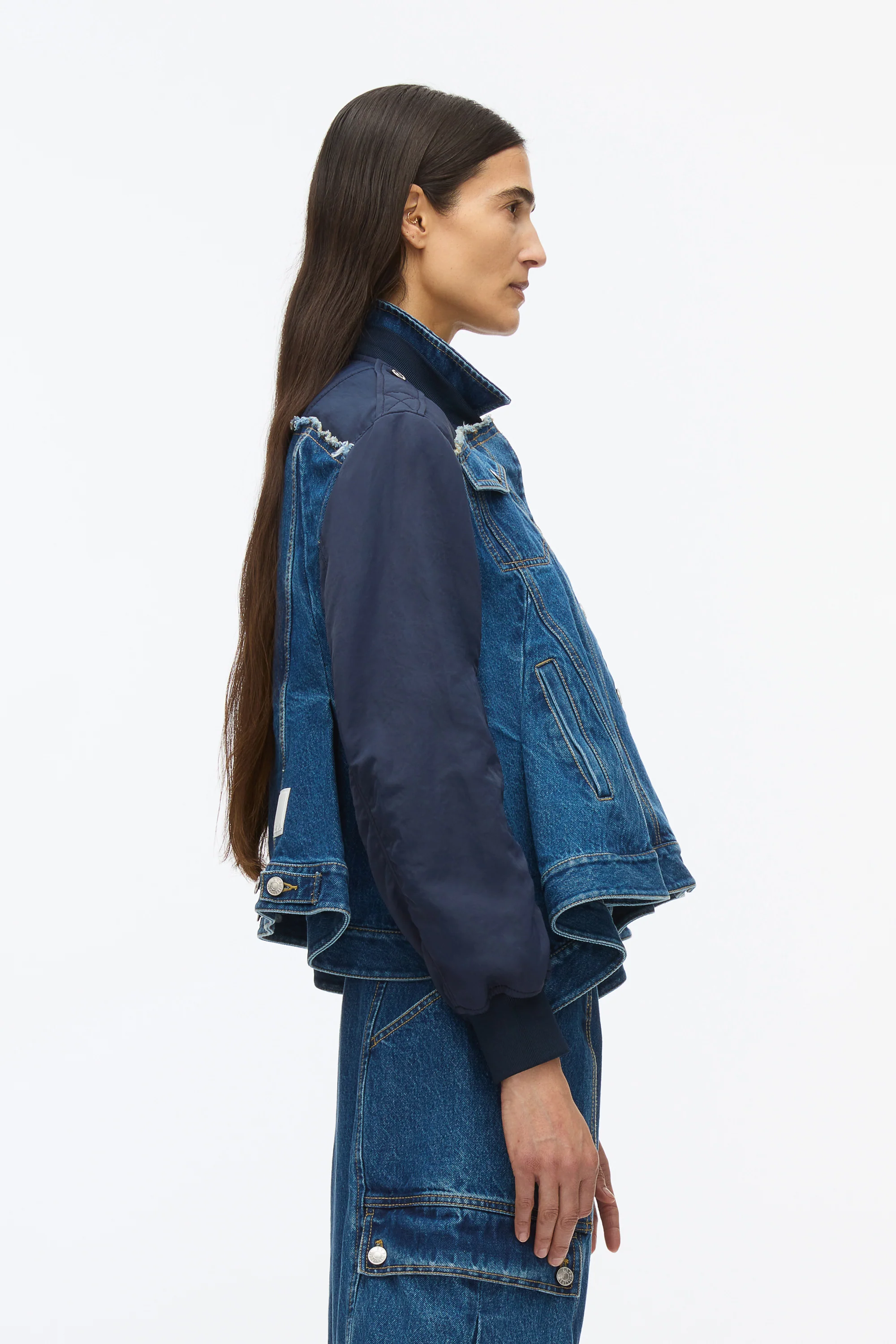 Hybrid Denim Flight Jacket With Flounce Hem - Image 4
