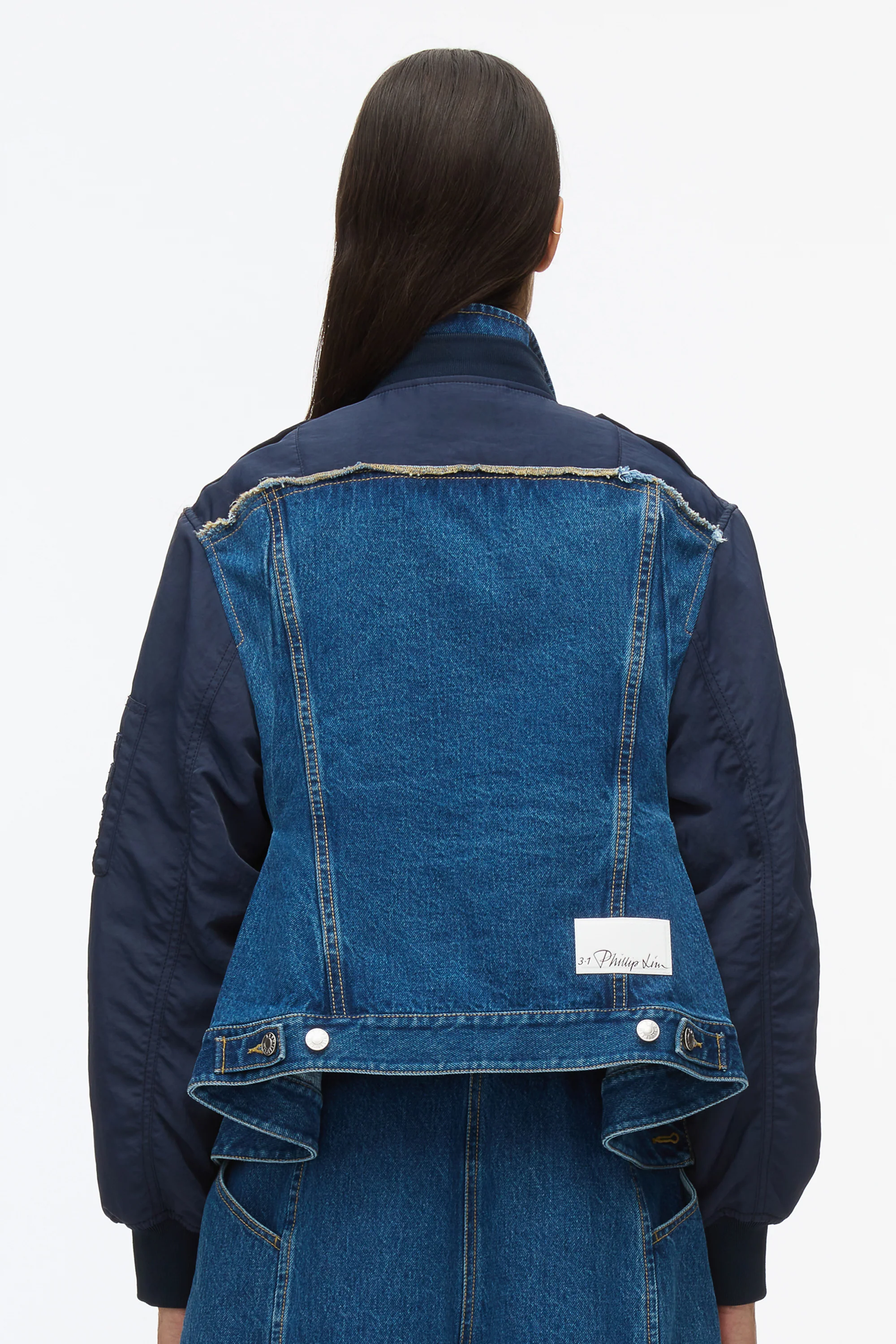 Hybrid Denim Flight Jacket With Flounce Hem - Image 5