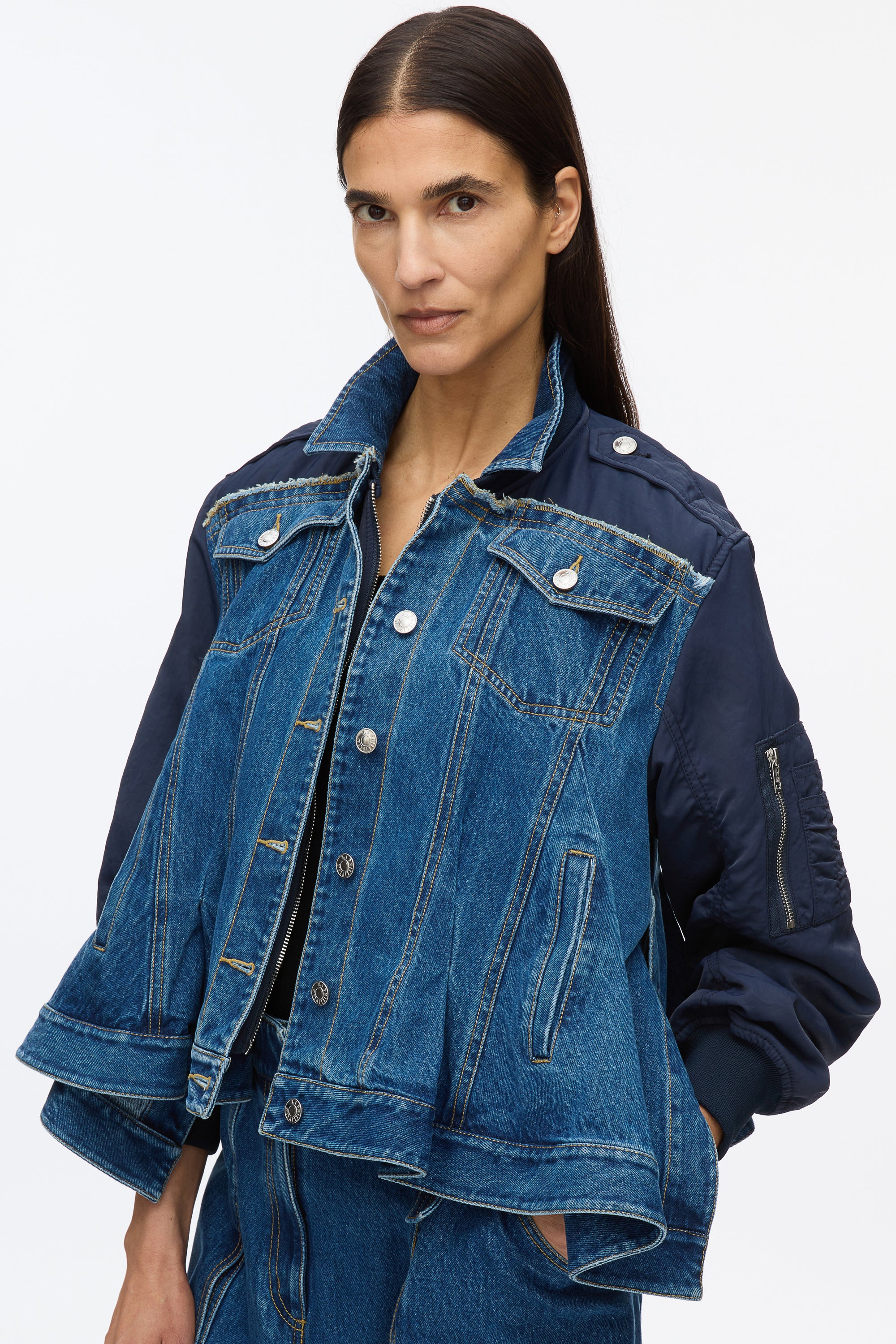 Hybrid Denim Flight Jacket With Flounce Hem - Image 6