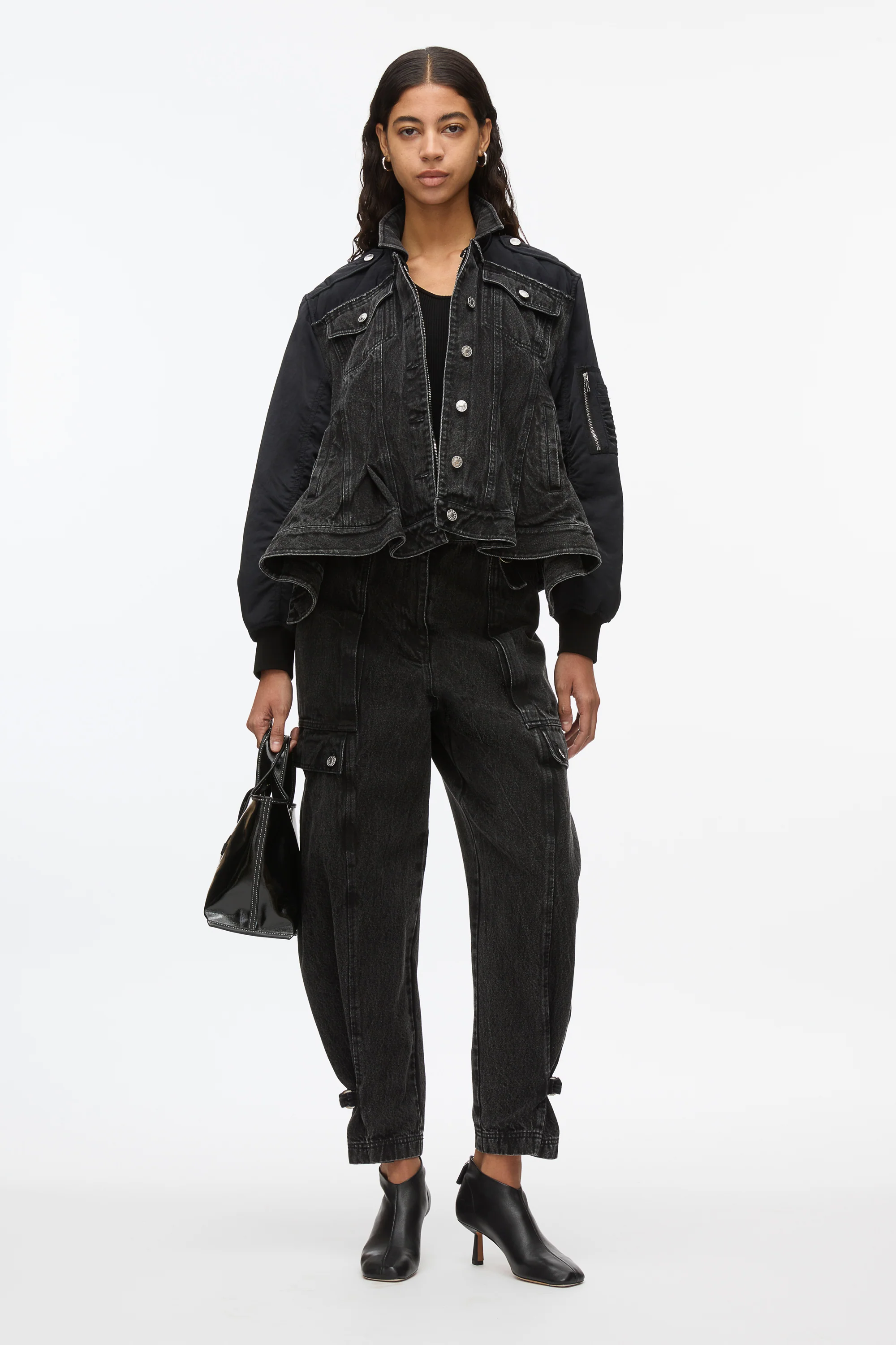 Hybrid Denim Flight Jacket With Flounce Hem - Image 2