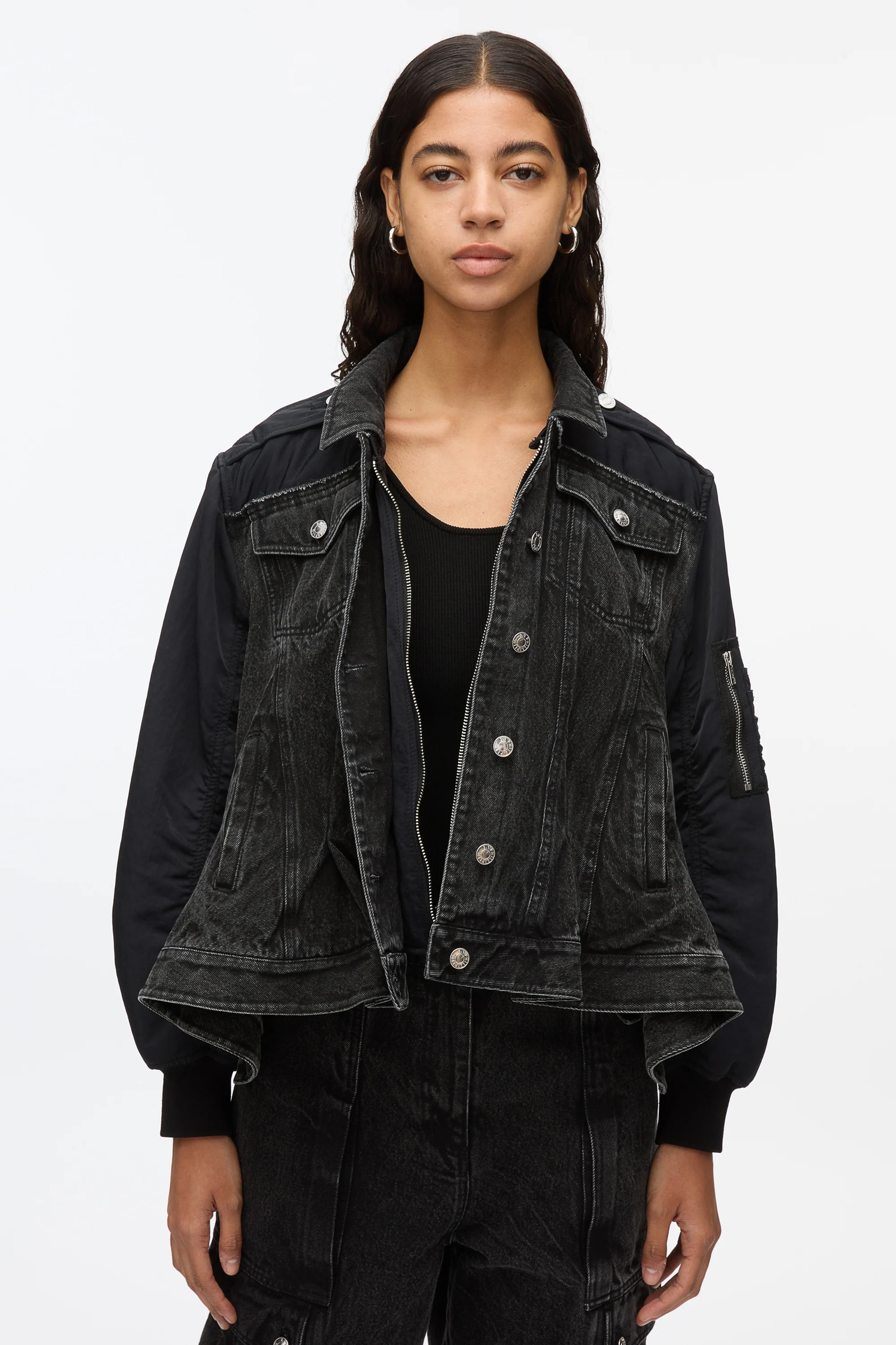 Hybrid Denim Flight Jacket With Flounce Hem - Image 4