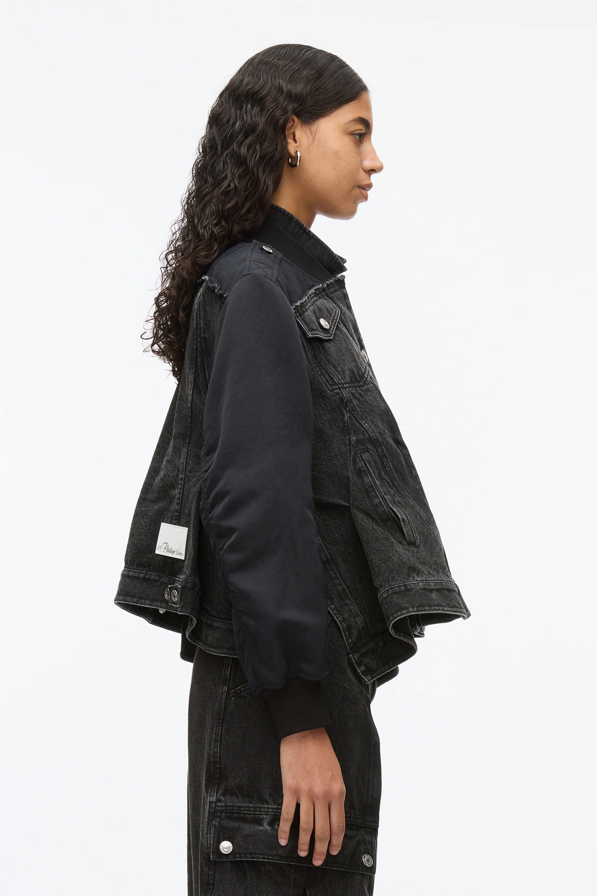 Hybrid Denim Flight Jacket With Flounce Hem - Image 5
