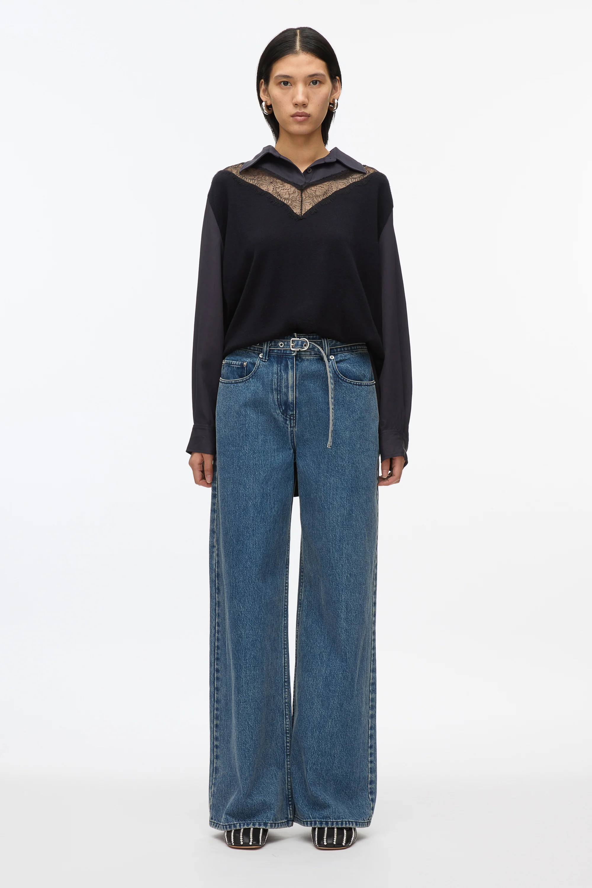 Knit Combo Shirt With Lace Inlay - Image 6
