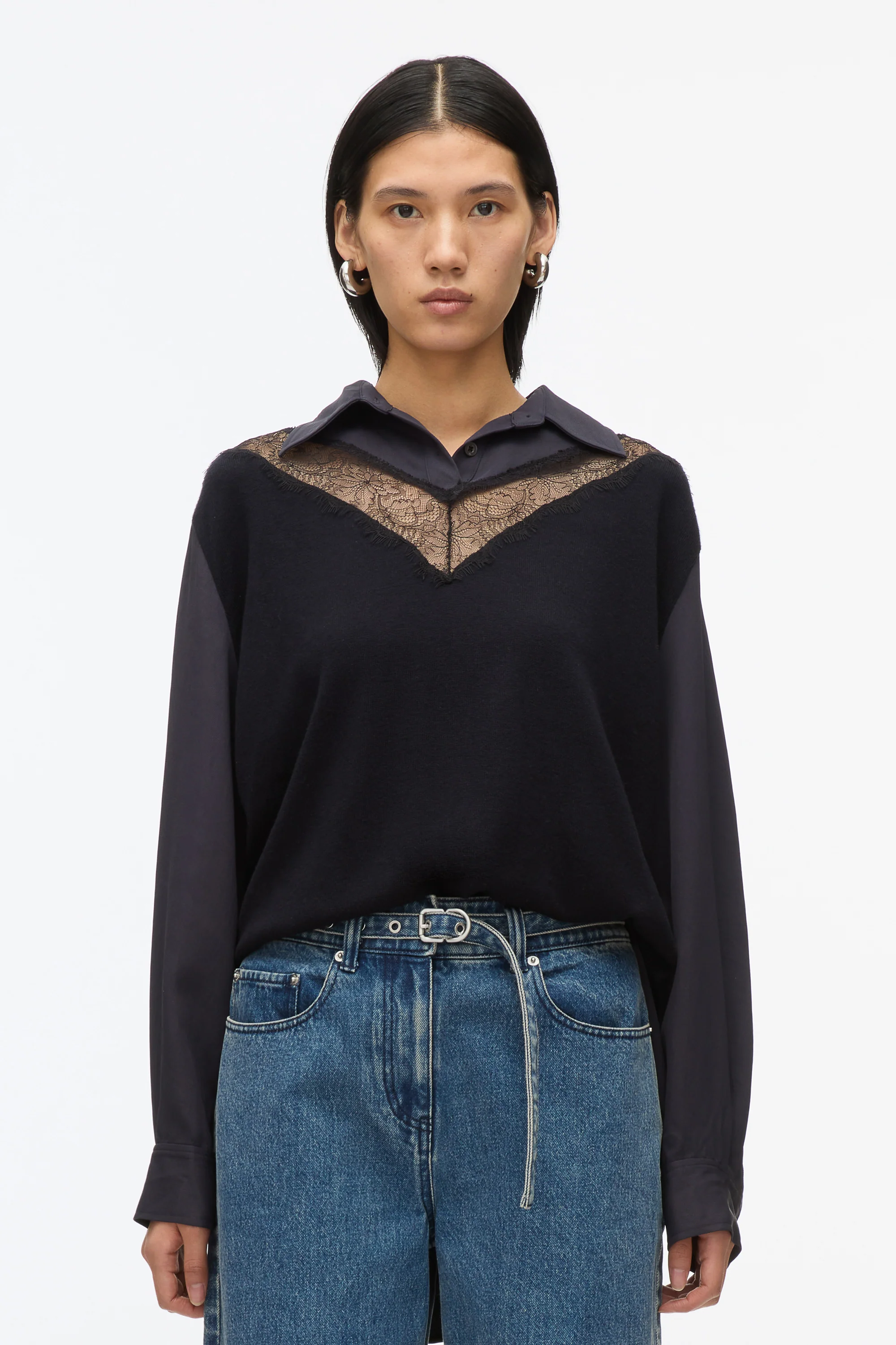 Knit Combo Shirt With Lace Inlay - Image 7